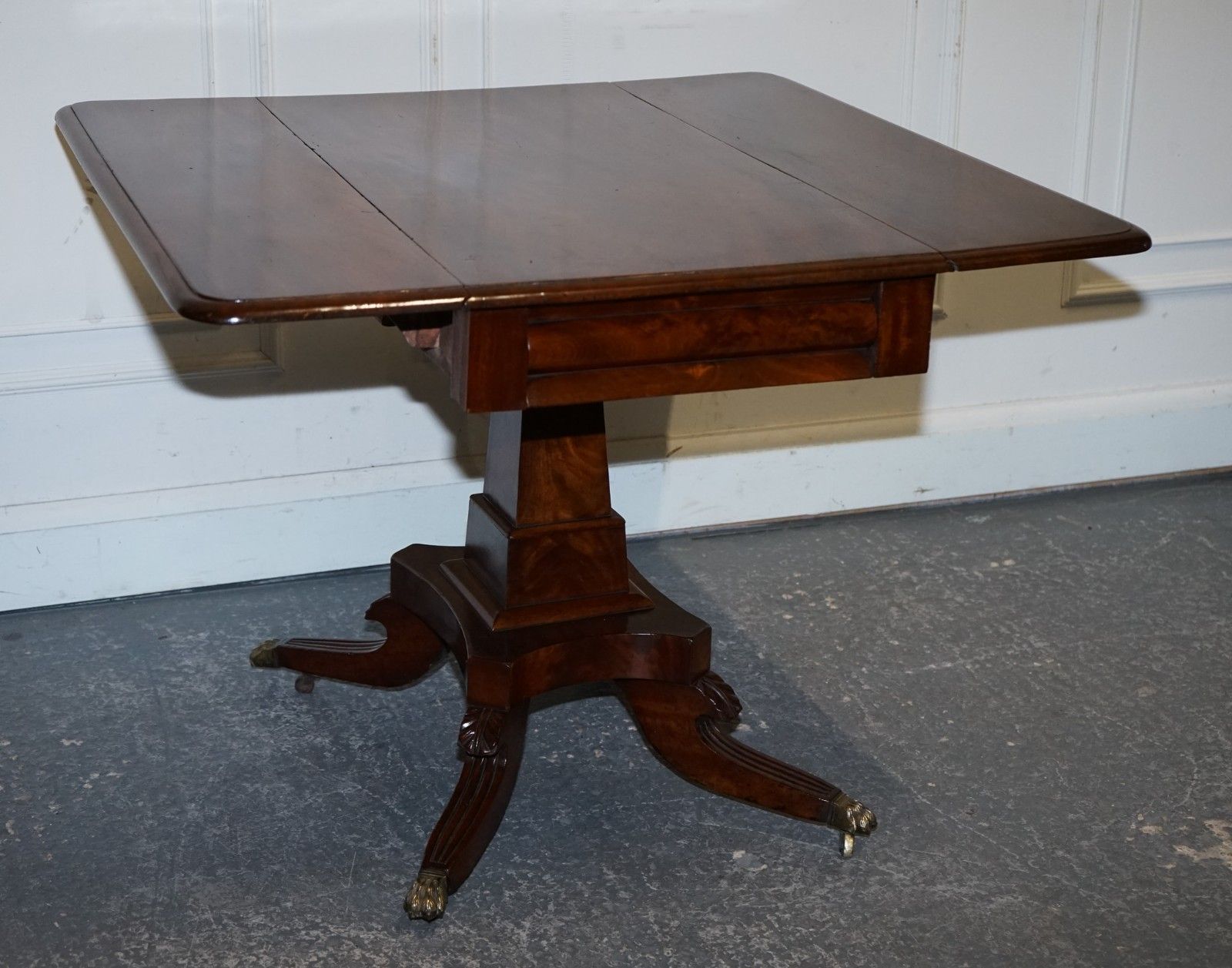 photo for sale 1820s Restored English Antique Pedestal Pembroke Drop Leaf Table With Drawer