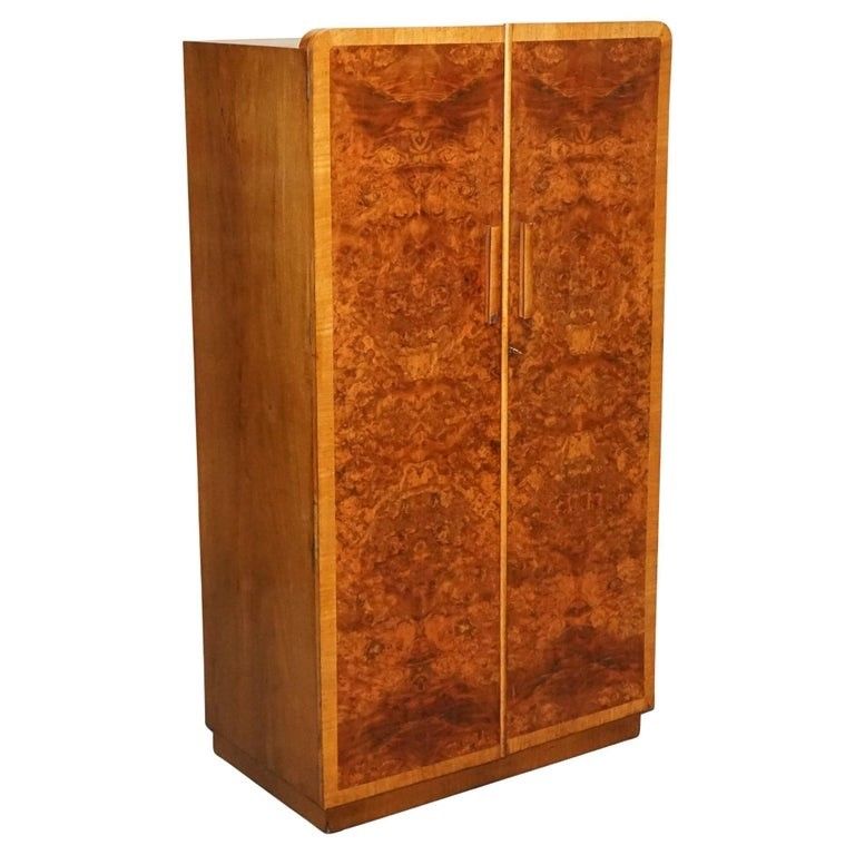 1930s Petite Vintage English Art Deco Burr Walnut Double Wardrobe Linen Press