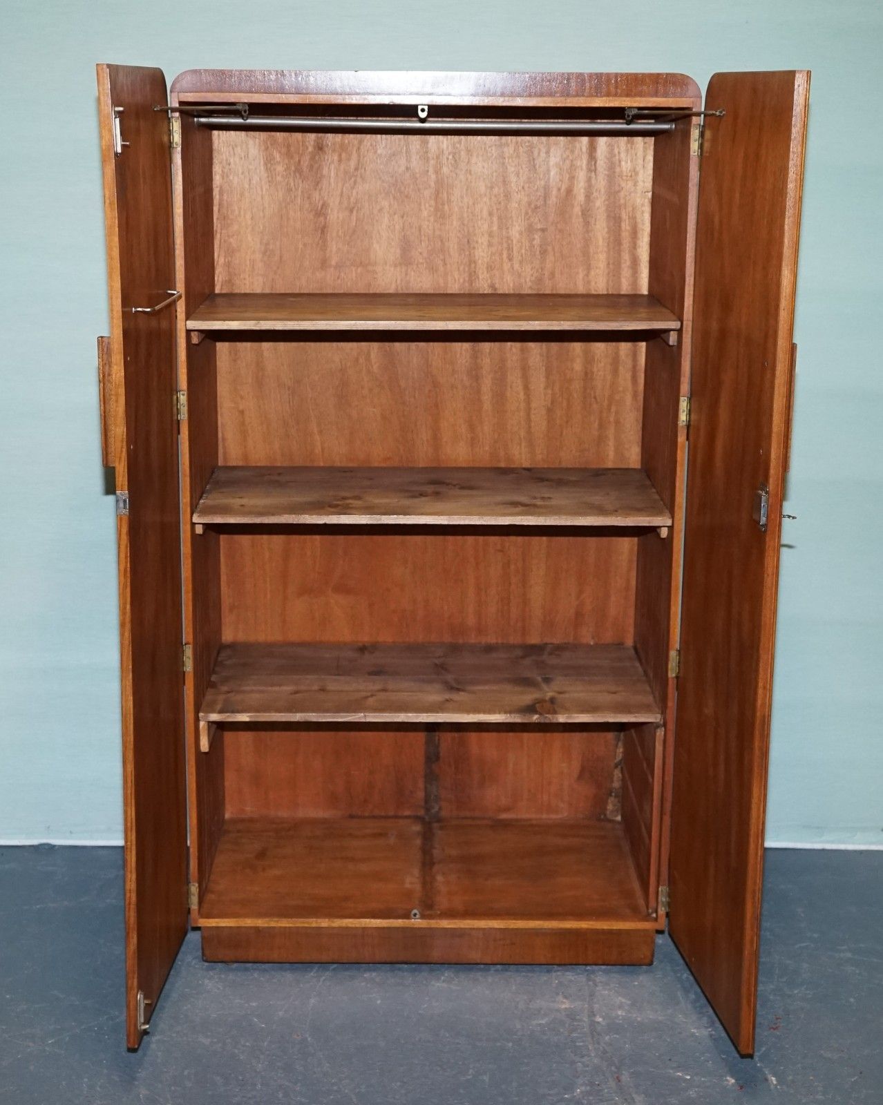1930s Petite Vintage English Art Deco Burr Walnut Double Wardrobe Linen Press photo vinterior