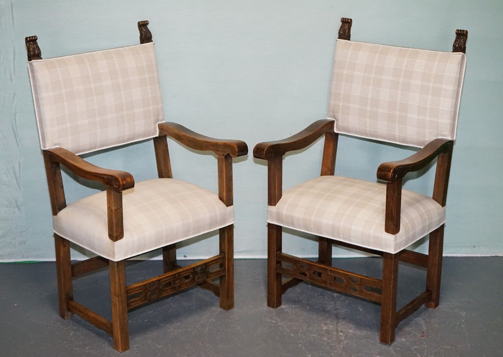 Lovely Pair Of Victorian Newly Upholstered Carver Armchairs Carved Wood Detail photo furniture