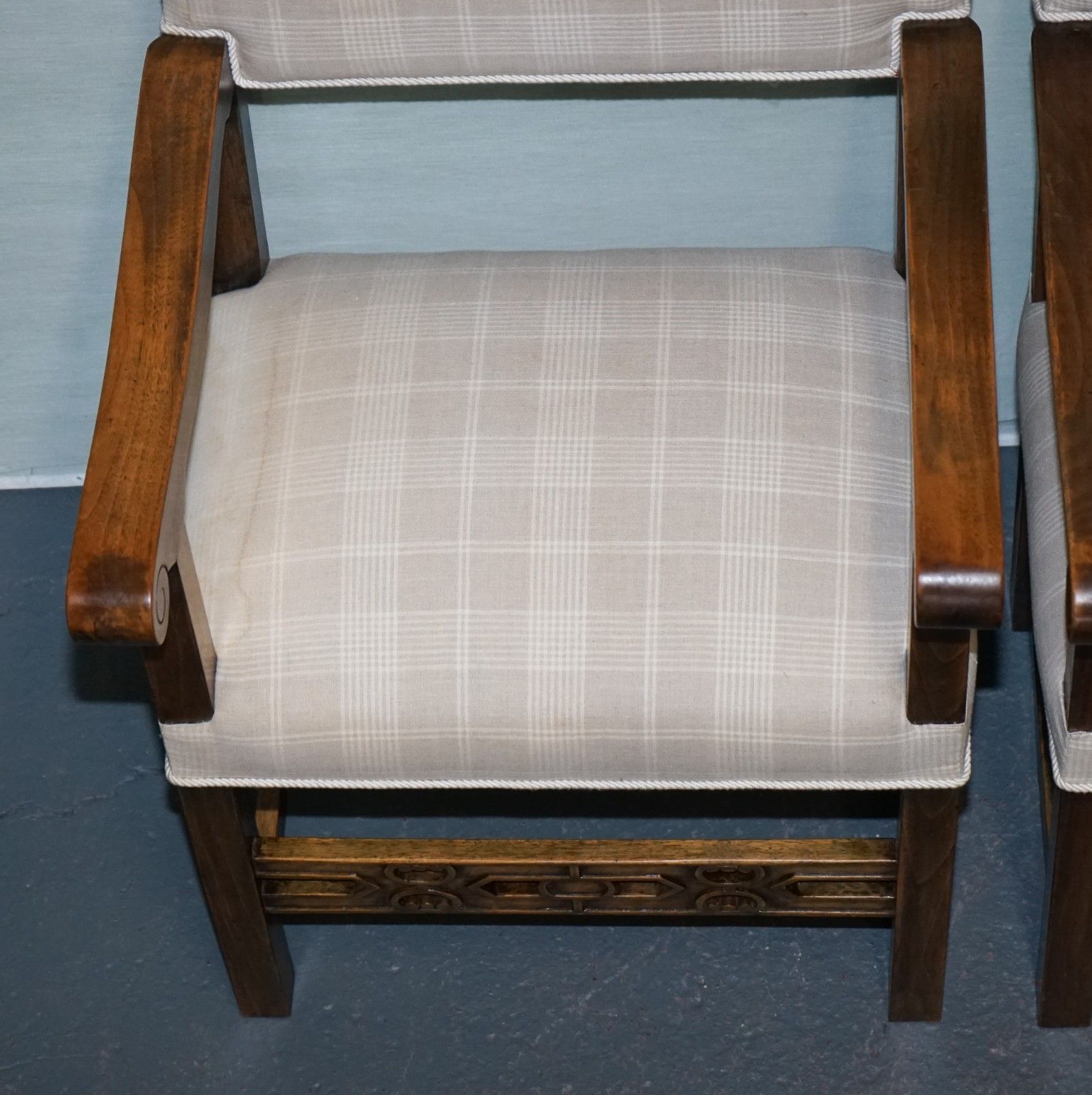 795.0 Lovely Pair Of Victorian Newly Upholstered Carver Armchairs Carved Wood Detail photo