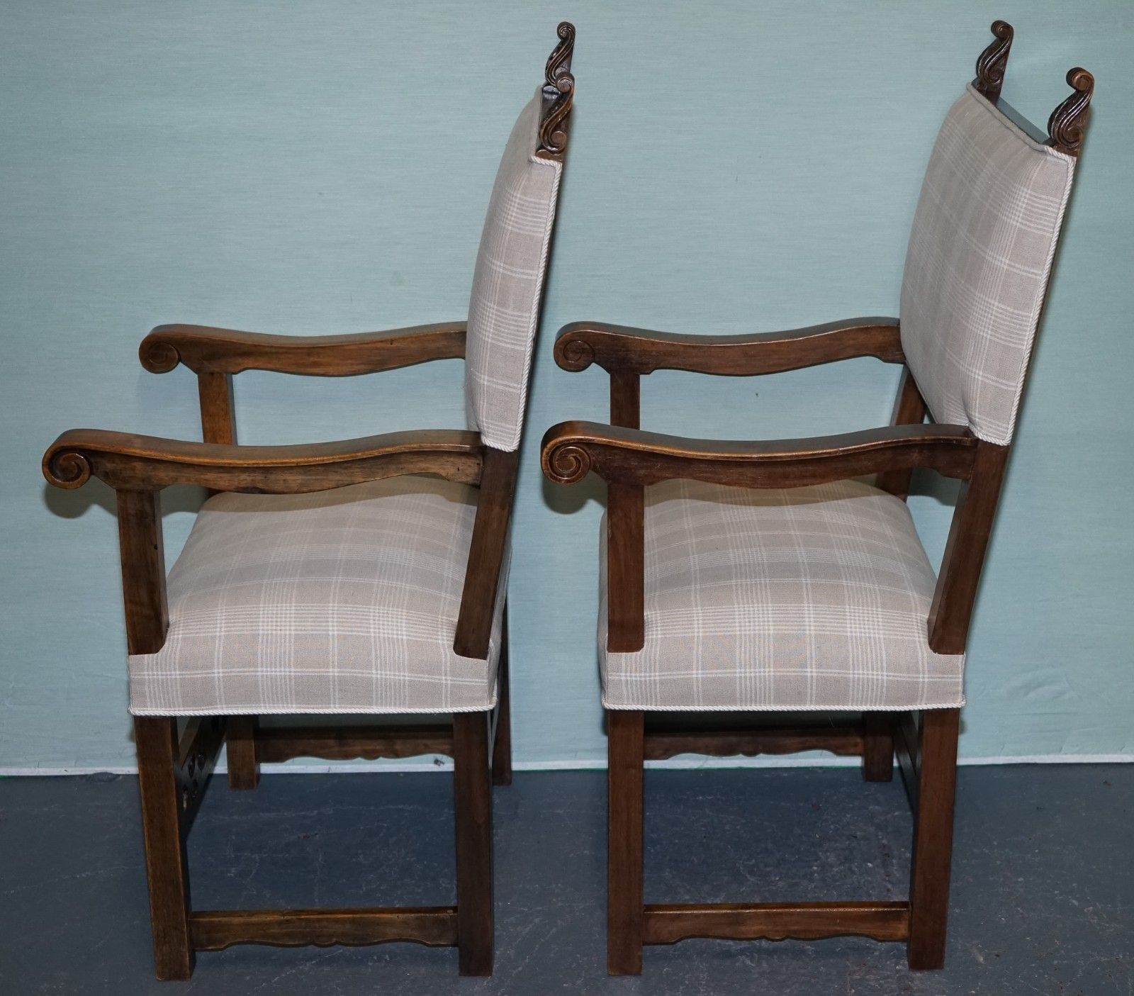 photo vintage Lovely Pair Of Victorian Newly Upholstered Carver Armchairs Carved Wood Detail