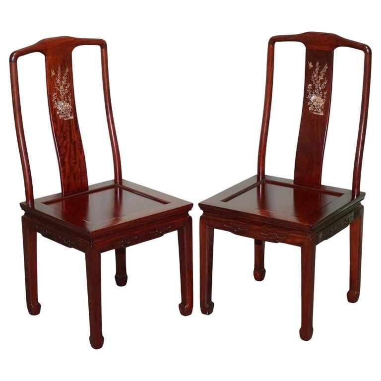Pair Of Oriental Chinese Hardwood Mother Of Pearl Inlaid Hall Chairs