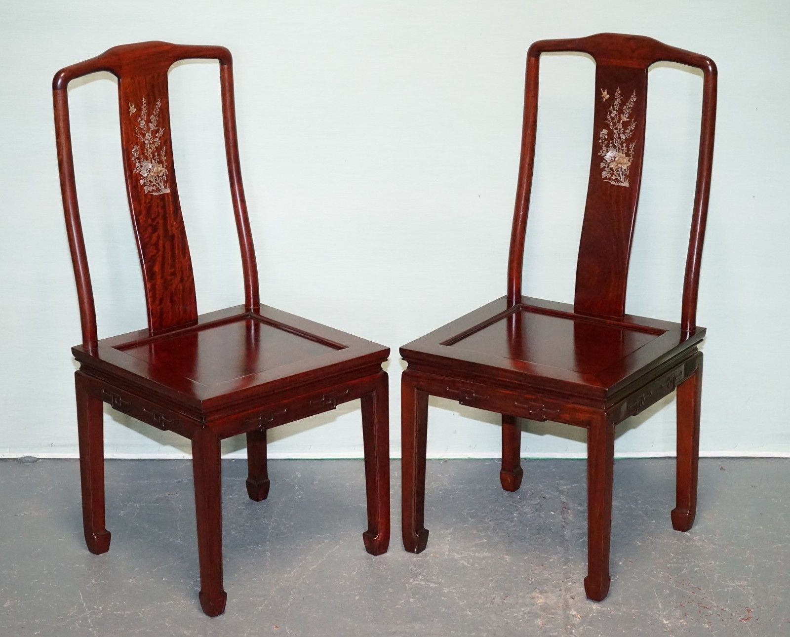 Pair Of Oriental Chinese Hardwood Mother Of Pearl Inlaid Hall Chairs photo furniture