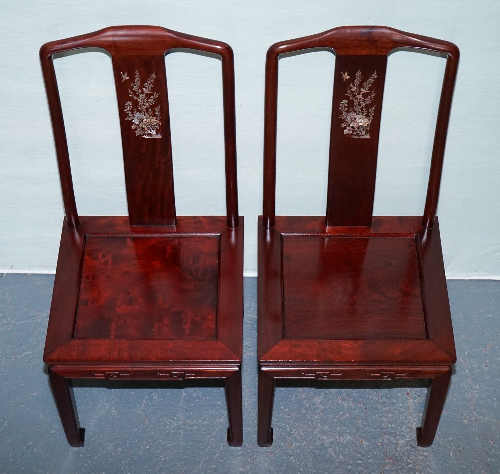 photo for sale Pair Of Oriental Chinese Hardwood Mother Of Pearl Inlaid Hall Chairs