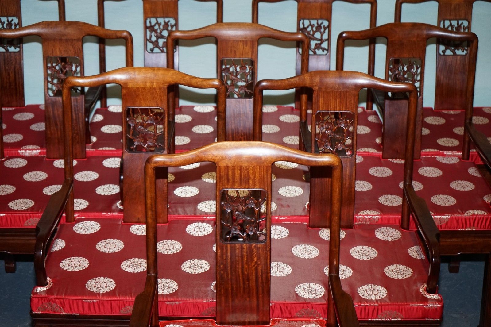 Set Of Ten Vintage Oriental Chinese Hardwood Carver Dining Armchairs W/ Cushions photo vintage
