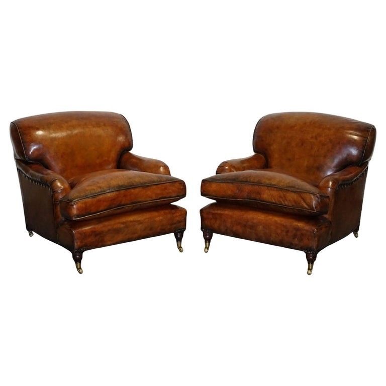 Large Pair Of Howard Style Hand Dyed Leather Armchairs Feather Filled Cushions