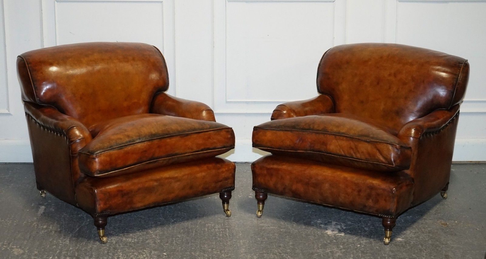 Large Pair Of Howard Style Hand Dyed Leather Armchairs Feather Filled Cushions photo furniture