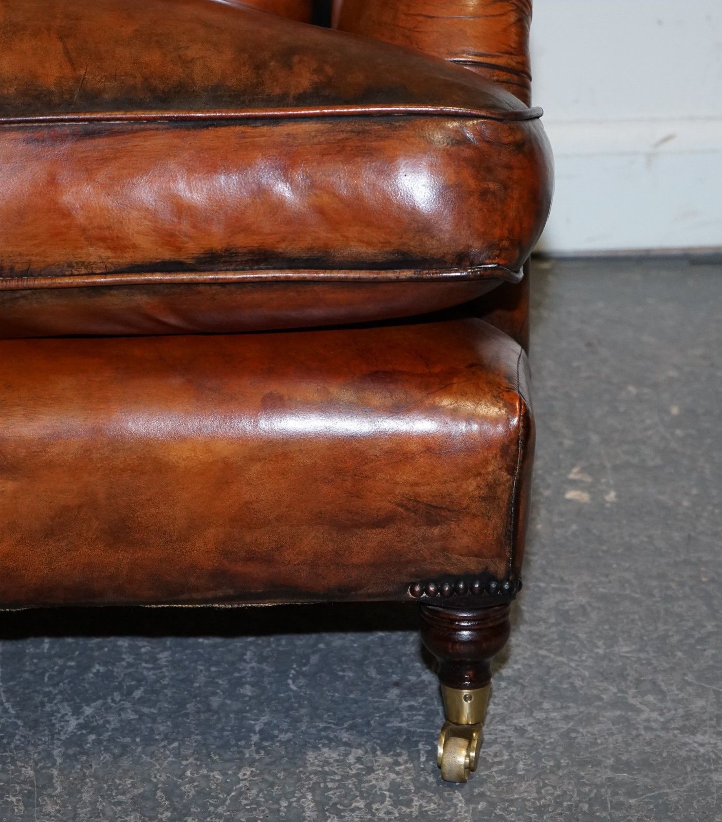 photo furniture Large Pair Of Howard Style Hand Dyed Leather Armchairs Feather Filled Cushions