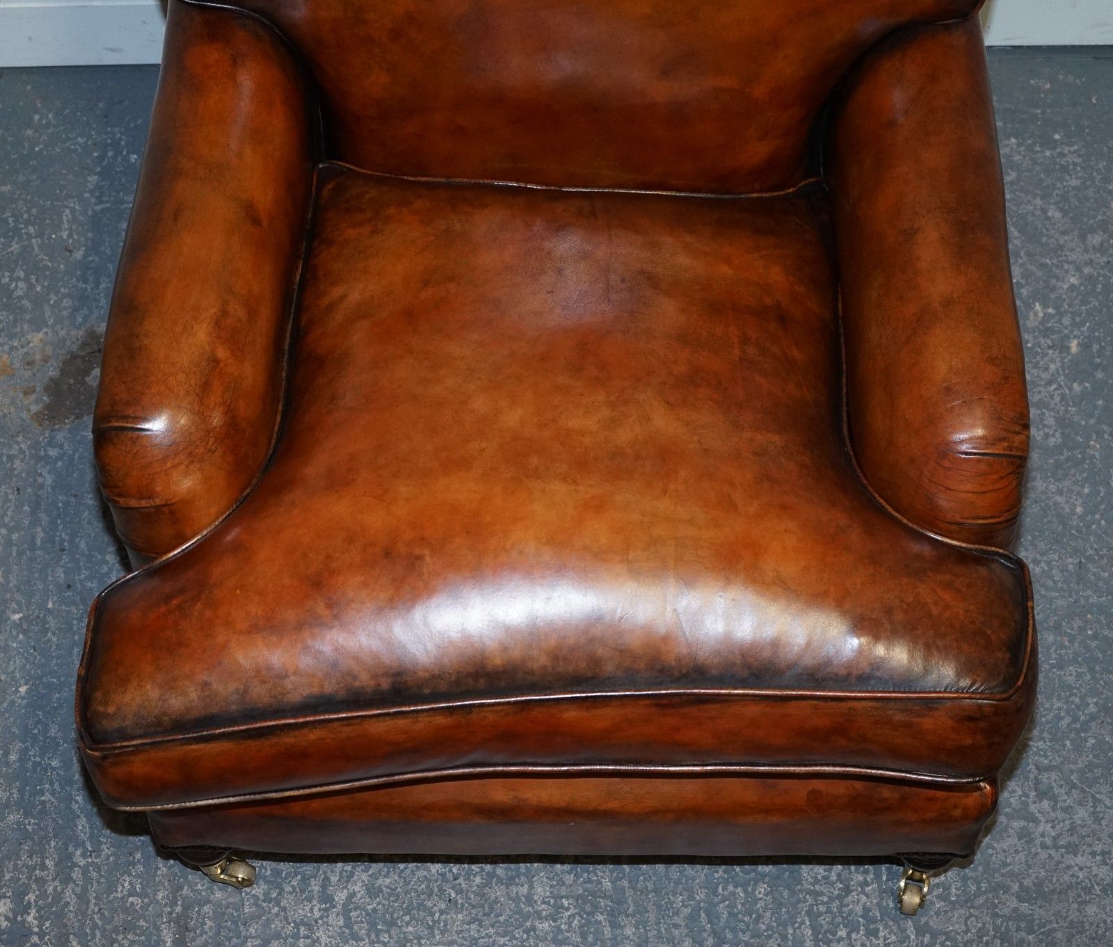 Furniture Large Pair Of Howard Style Hand Dyed Leather Armchairs Feather Filled Cushions photo