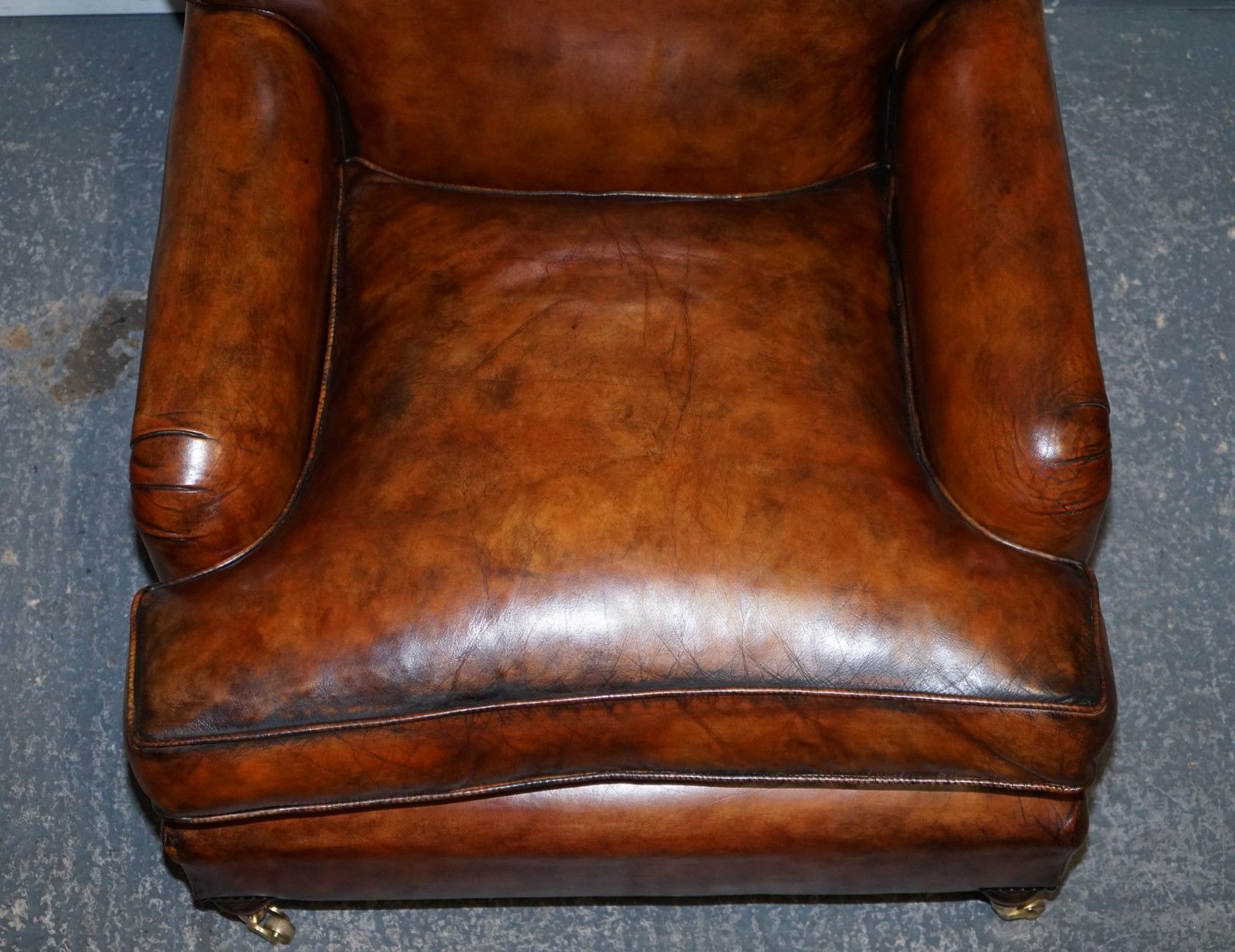 photo vinterior Large Pair Of Howard Style Hand Dyed Leather Armchairs Feather Filled Cushions