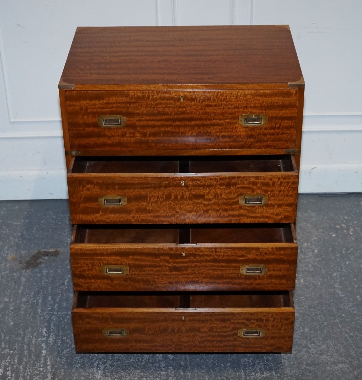 Vintage Military Campaign Secretaire Chest Of Drawers With Aged Red Leather photo vintage