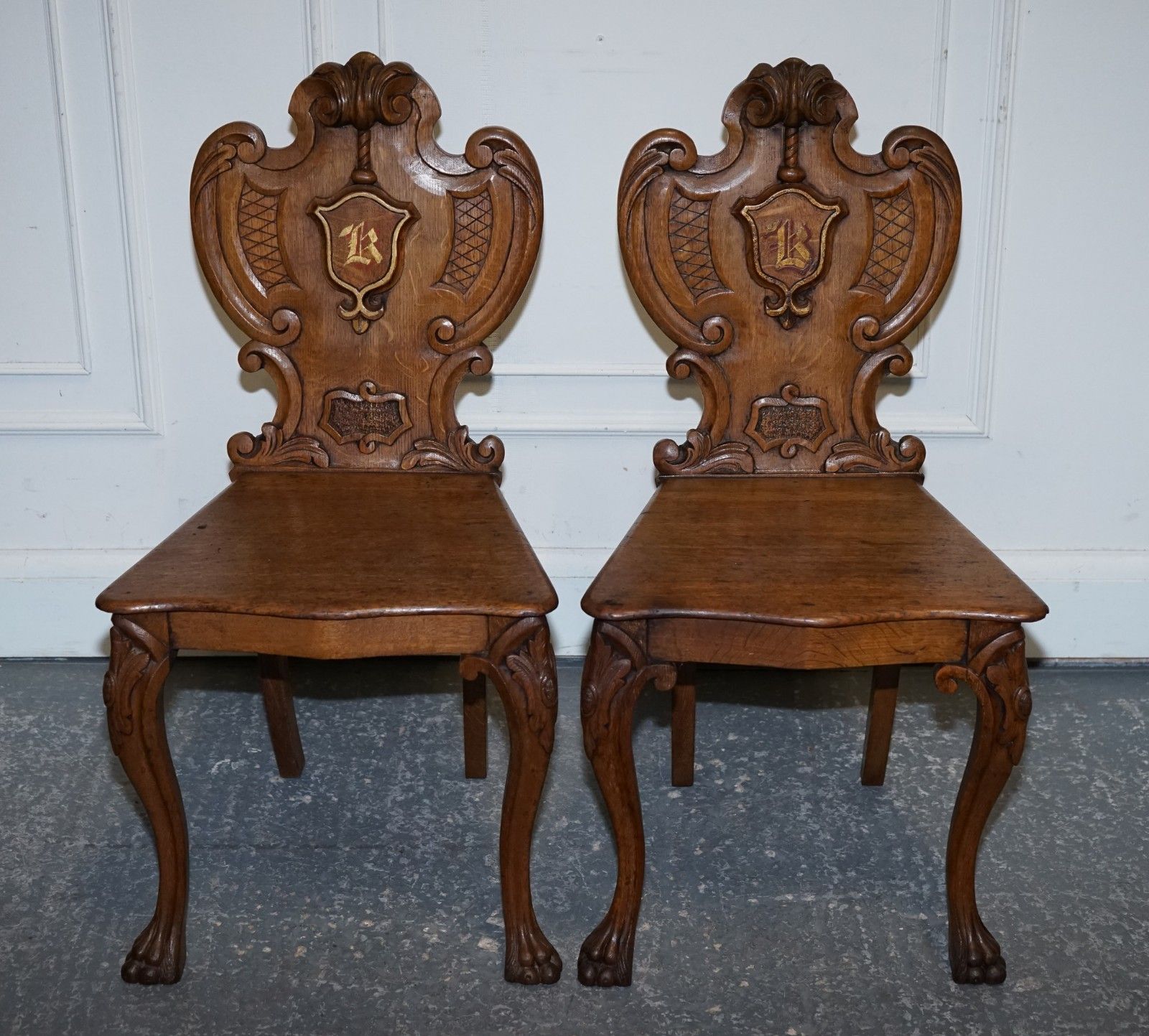 Antique Pair Of Victorian Solid Oak Carved Hallway Chairs With Lion Paw Feet photo for sale