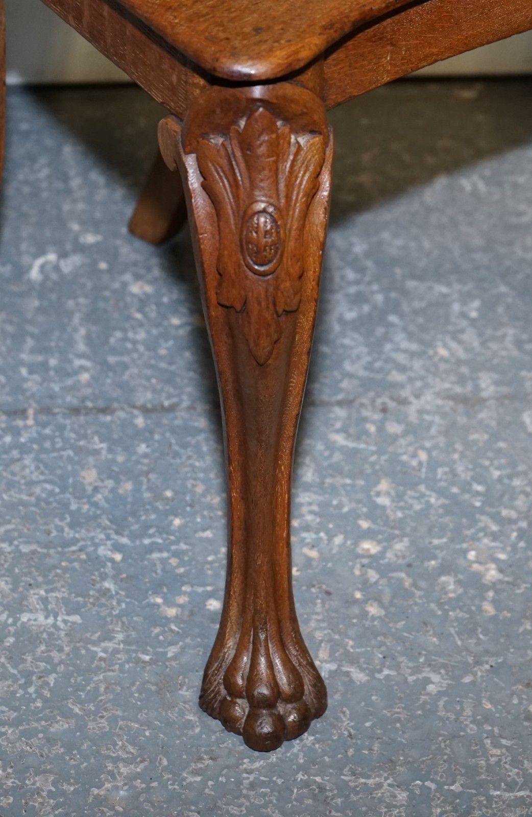 Furniture Antique Pair Of Victorian Solid Oak Carved Hallway Chairs With Lion Paw Feet photo