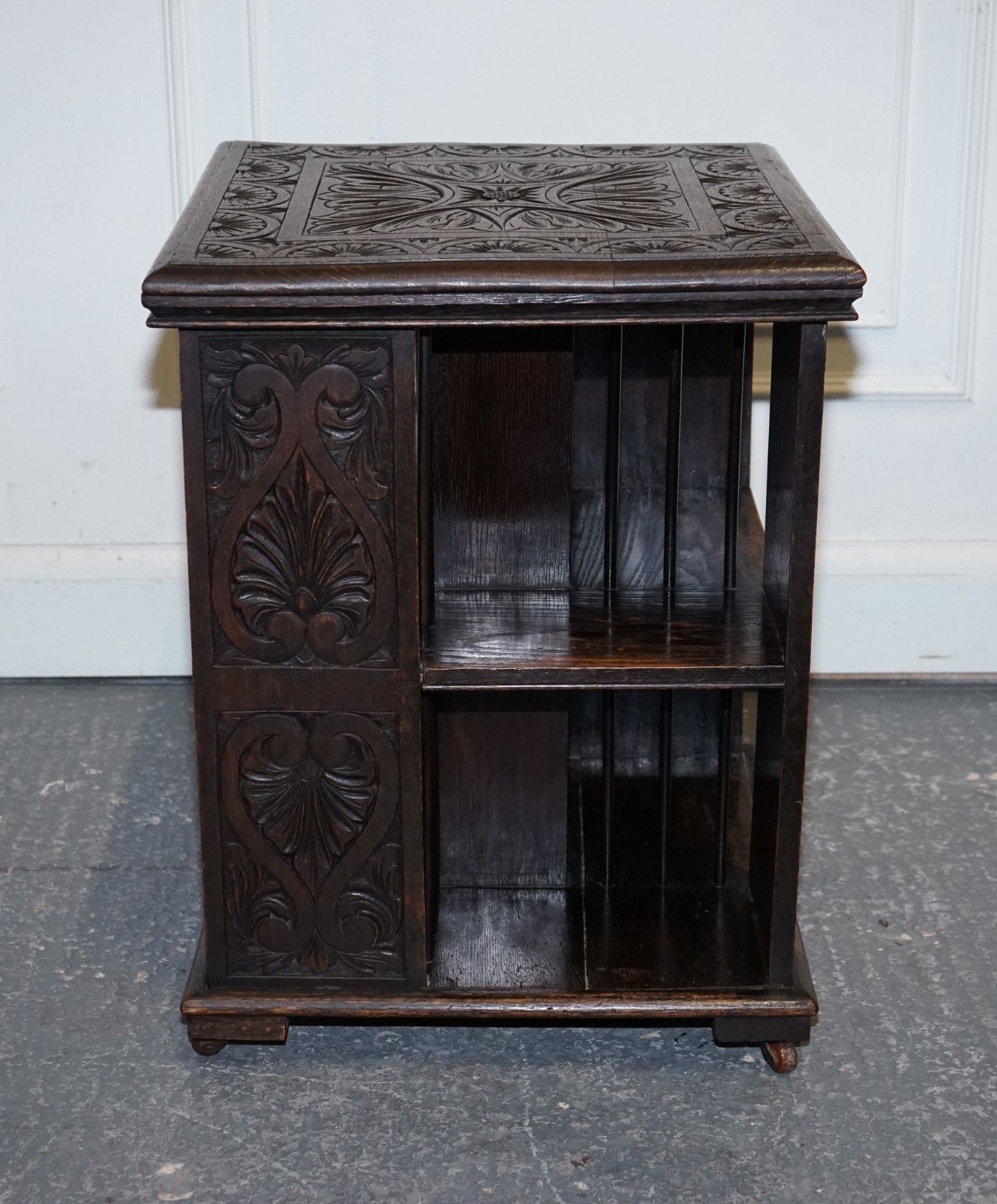 1450.0 Antique Victorian English Solid Oak Carved Jacobean Revolving Open Bookcase photo