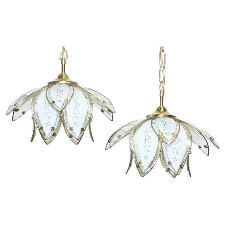 Pair Of Art Deco Style 1960's Flower Lotus Glass Ceiling Lamps