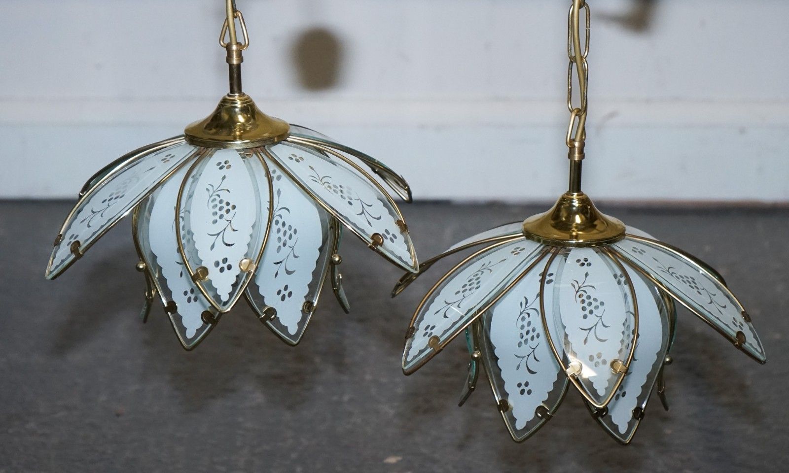 Pair Of Art Deco Style 1960's Flower Lotus Glass Ceiling Lamps photo for sale
