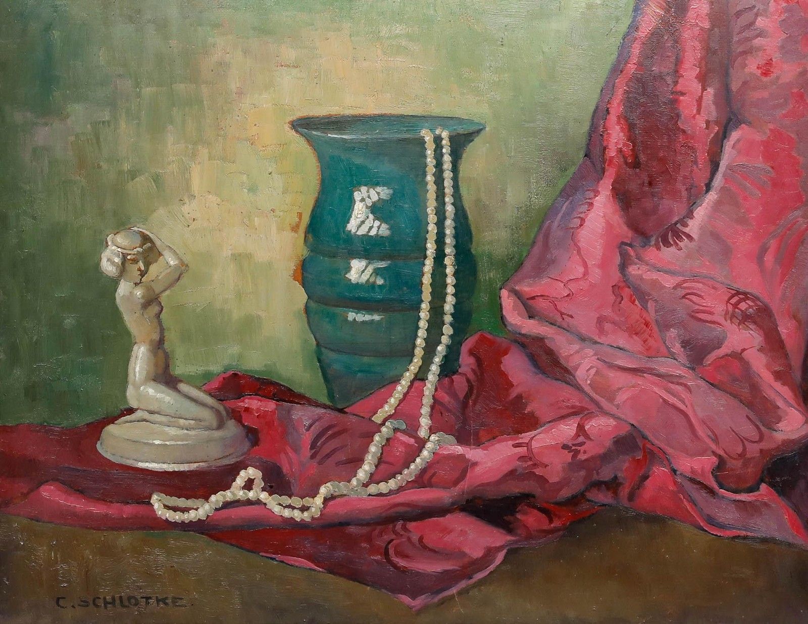 C. Schlotke Early 20th Century Oil, Still Life With A Figurine photo furniture