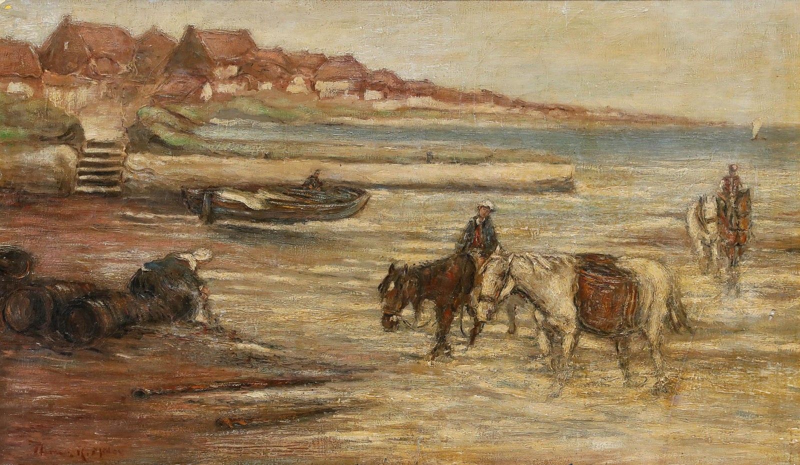 Attrib. Thomas Eyre Macklin (1867 1943) Oil, Mussel Gatherers With Ponies photo furniture