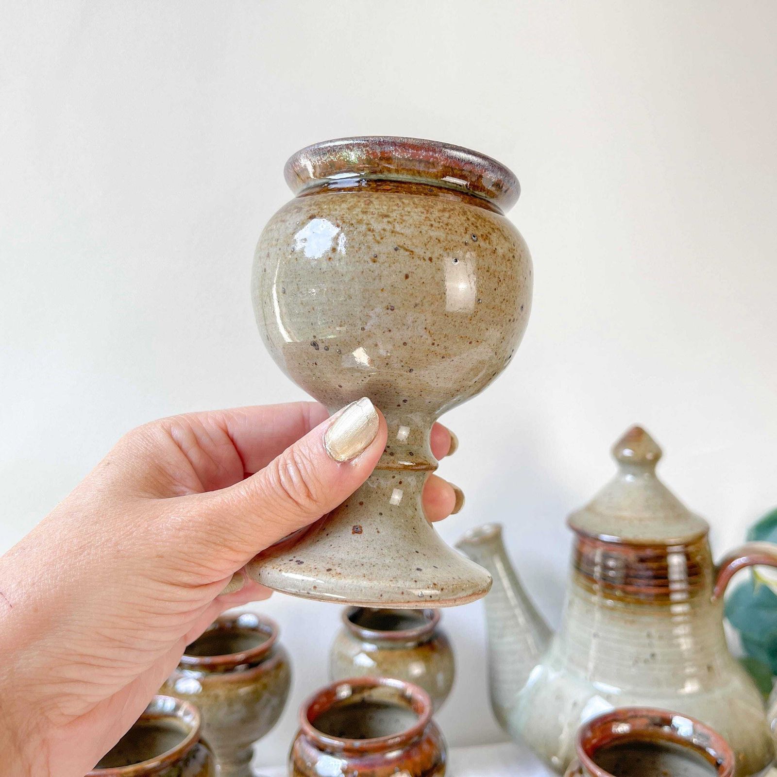 Vintage C. Dangon Salins Coffee Set From The 1950s   Rare Vintage Stoneware Coffee Cups   Vintage Stoneware Teapot photo vinterior