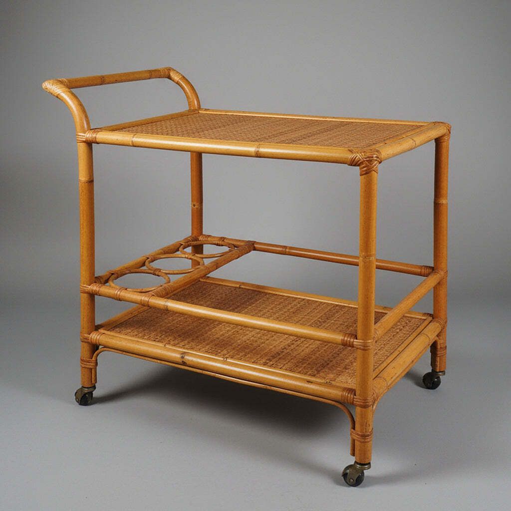 1960s Luxury Handcrafted And Elegant Bar Cart In Bamboo E Rattan. Made In Italy photo Furniture