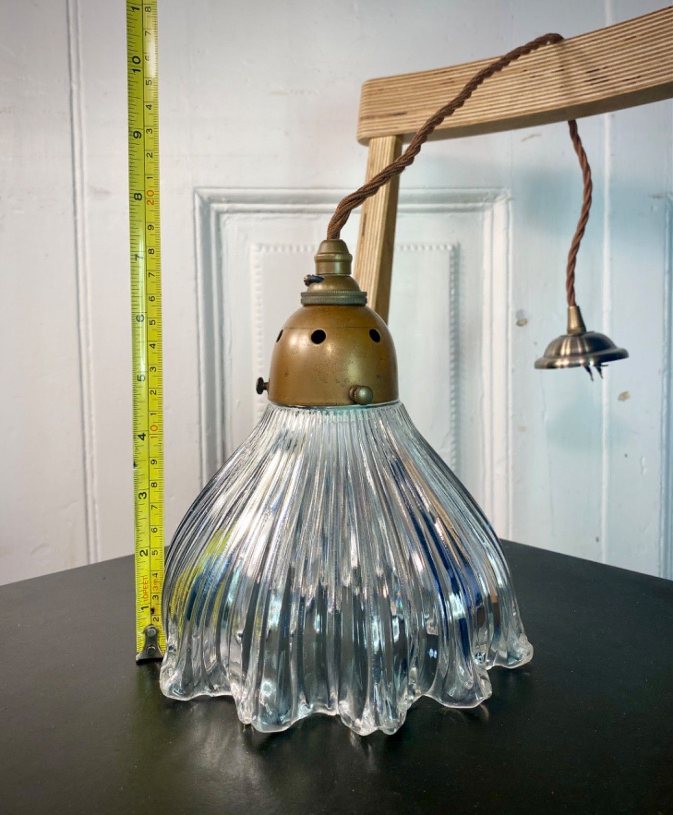 90.0 Vintage Holophane Prismatic Glass Pendant Ceiling Light. photo