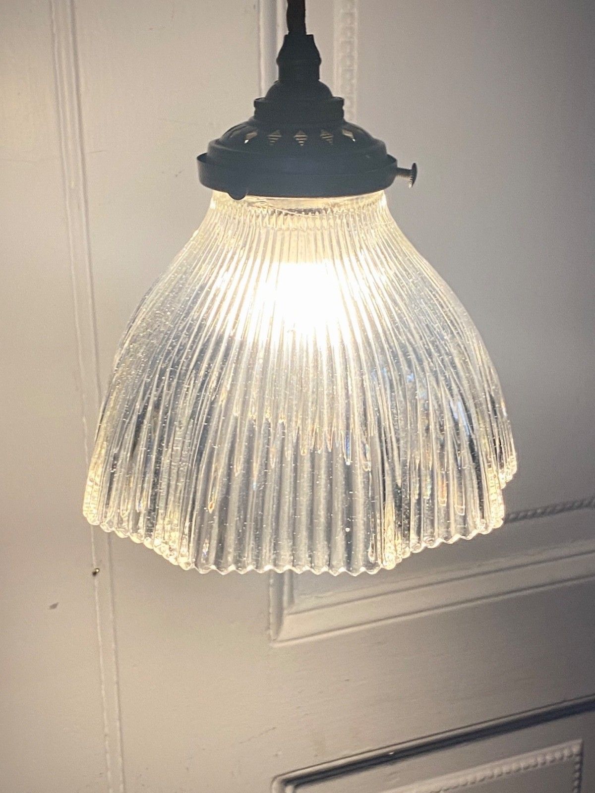 Vintage Holophane Prismatic Glass Pendant Ceiling Light. photo for sale