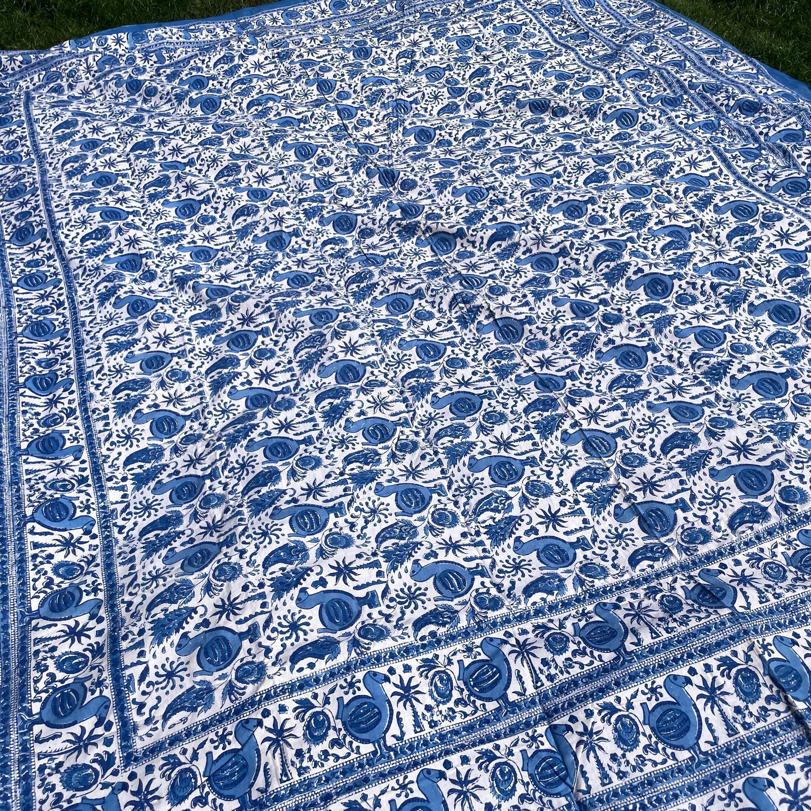 Hand Printed Indian Fabric 262x220cm Dodo Bird Pattern Block Blue White Tapestry Cotton Handmade Craft Dress Making Traditional Cloth India