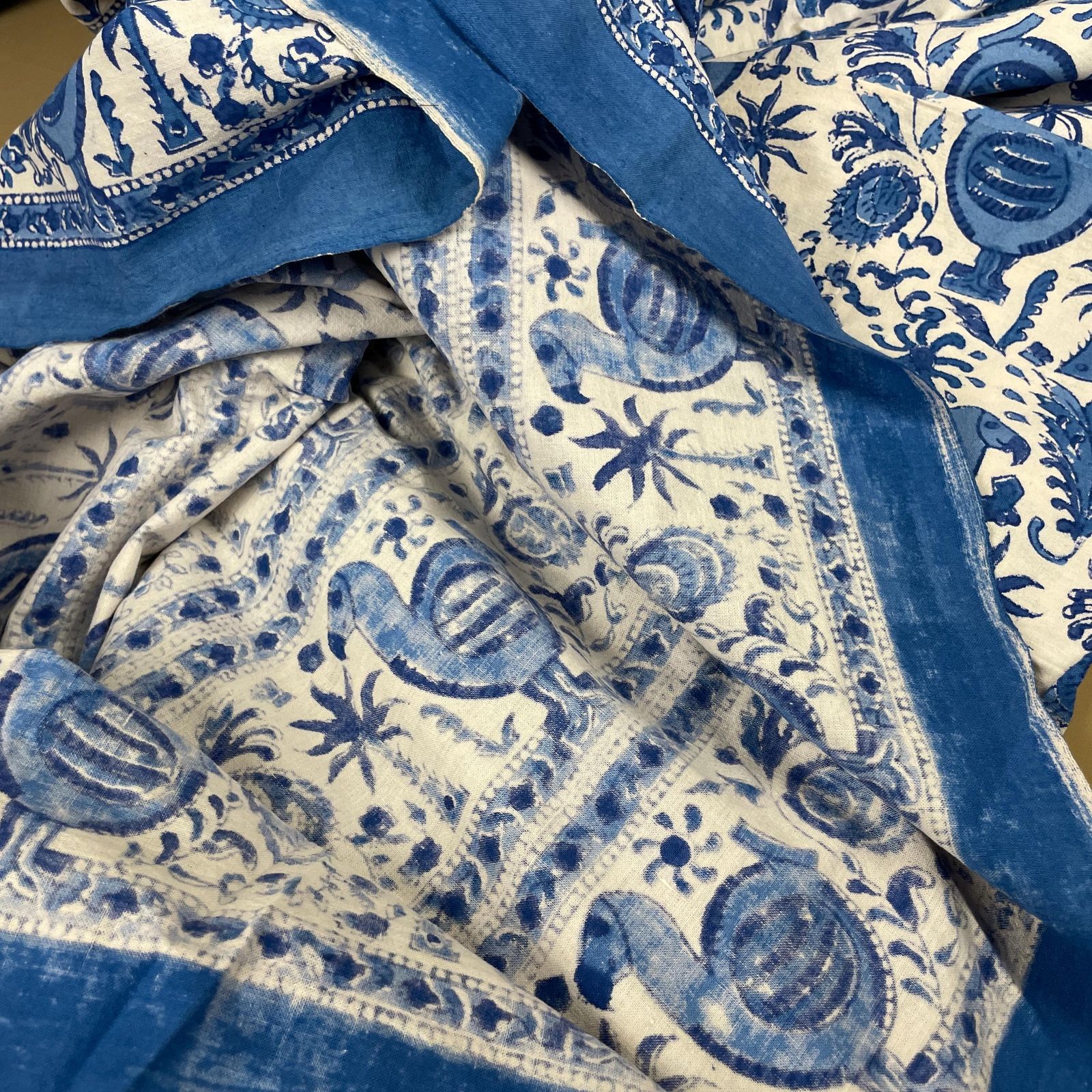 Hand Printed Indian Fabric 262x220cm Dodo Bird Pattern Block Blue White Tapestry Cotton Handmade Craft Dress Making Traditional Cloth India photo buy