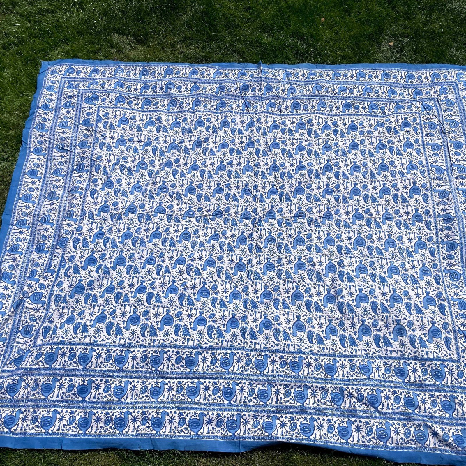photo for sale Hand Printed Indian Fabric 262x220cm Dodo Bird Pattern Block Blue White Tapestry Cotton Handmade Craft Dress Making Traditional Cloth India