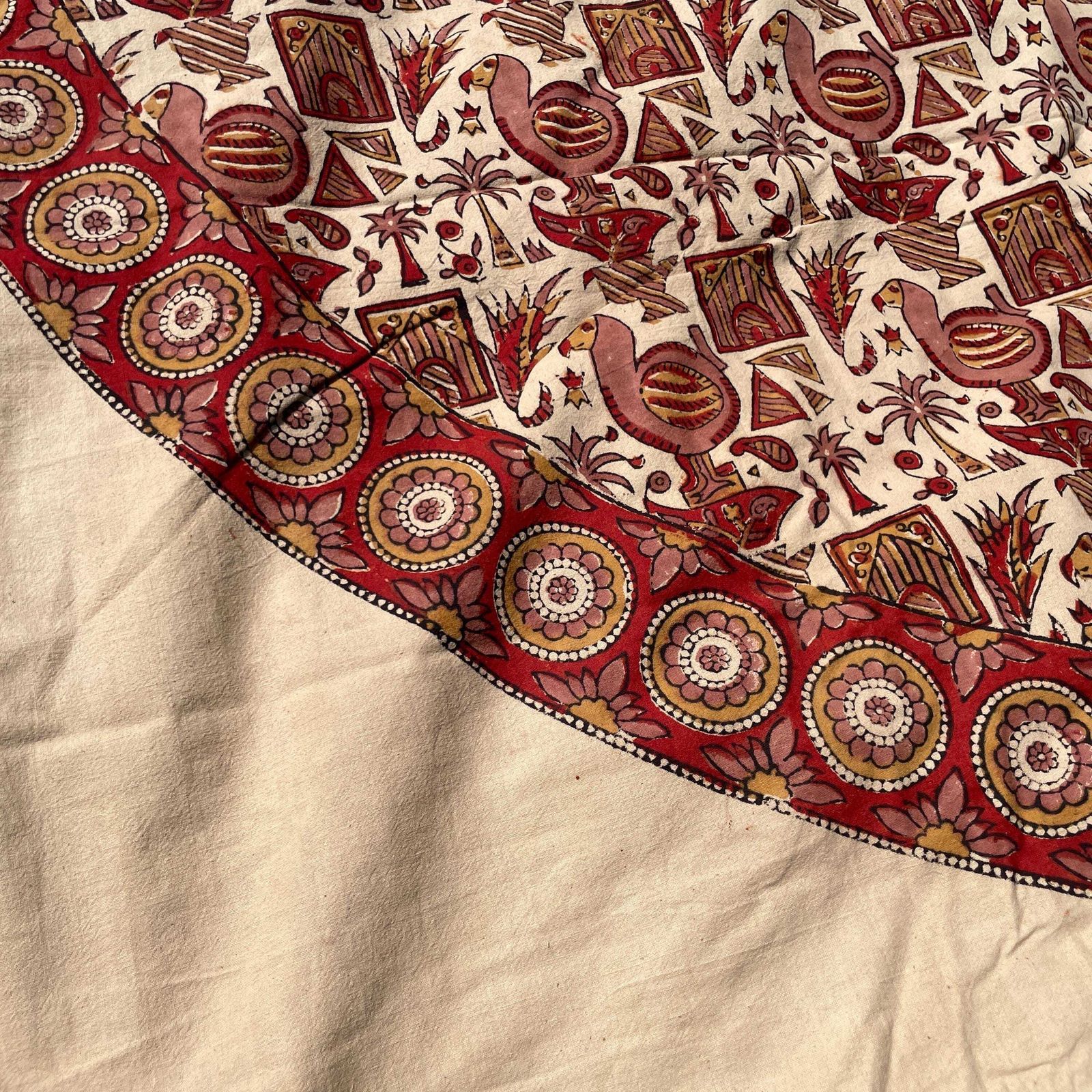 photo buy Hand Printed Indian Fabric 168x165cm Dodo Bird Pattern Block Pink Red Tapestry Cotton Handmade Craft Round Making Traditional Cloth India