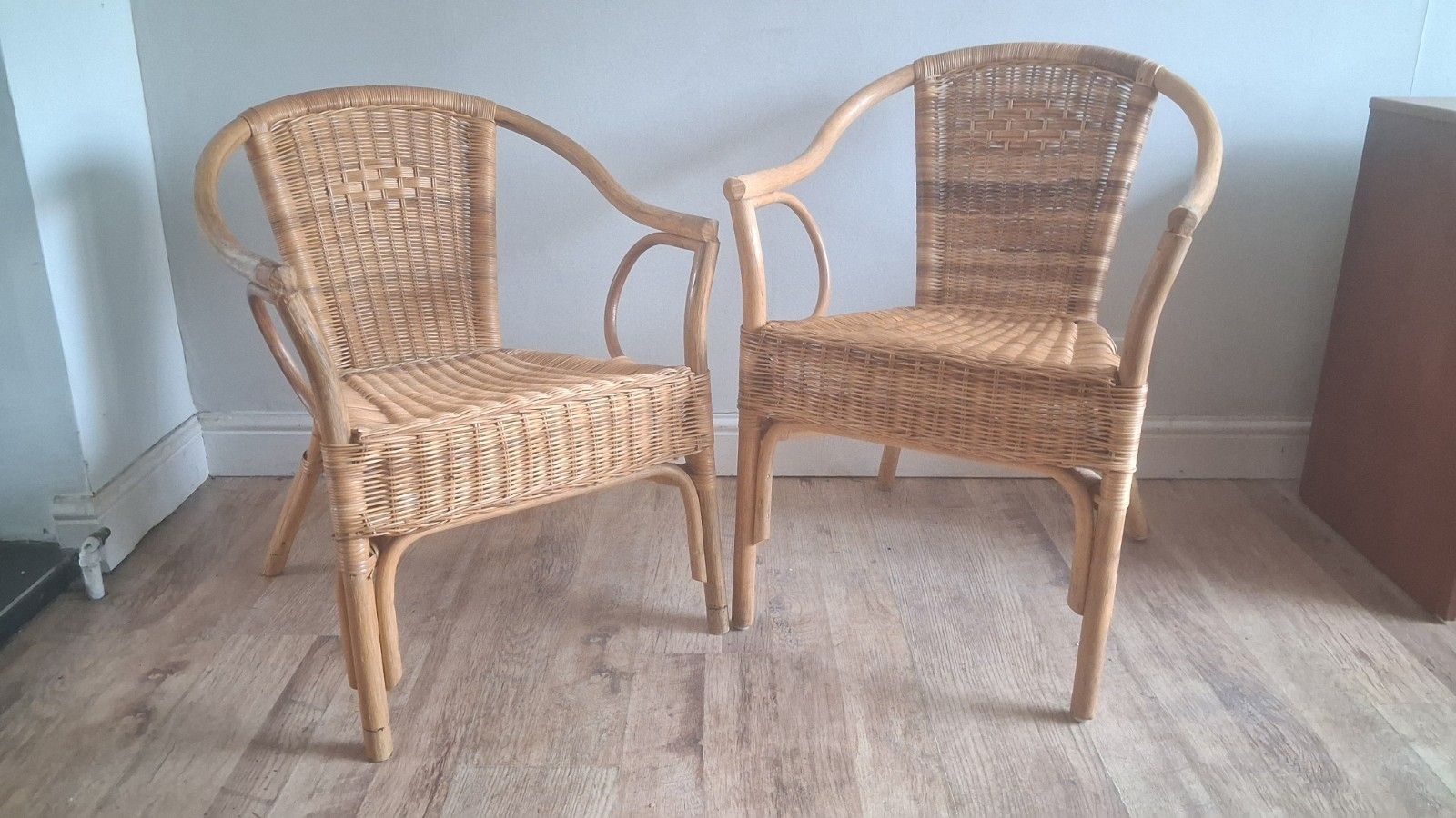 photo for sale Pair Of 1980s Rattan Boho Mid Century Bentwood Armchairs
