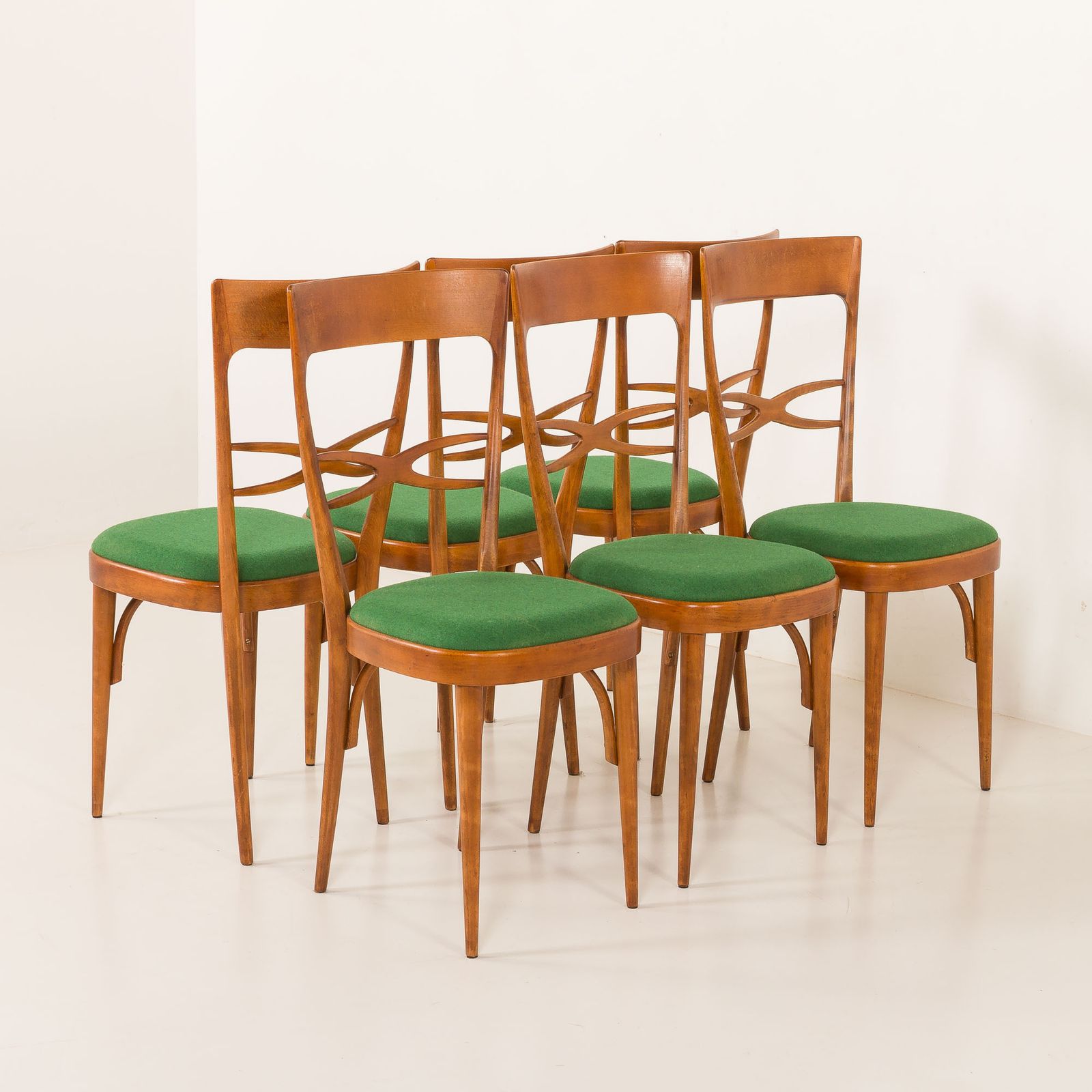Italian Mid Century Chairs In Walnut And Wool In The Style Of Carlo Di Carli, 1950s photo vinterior
