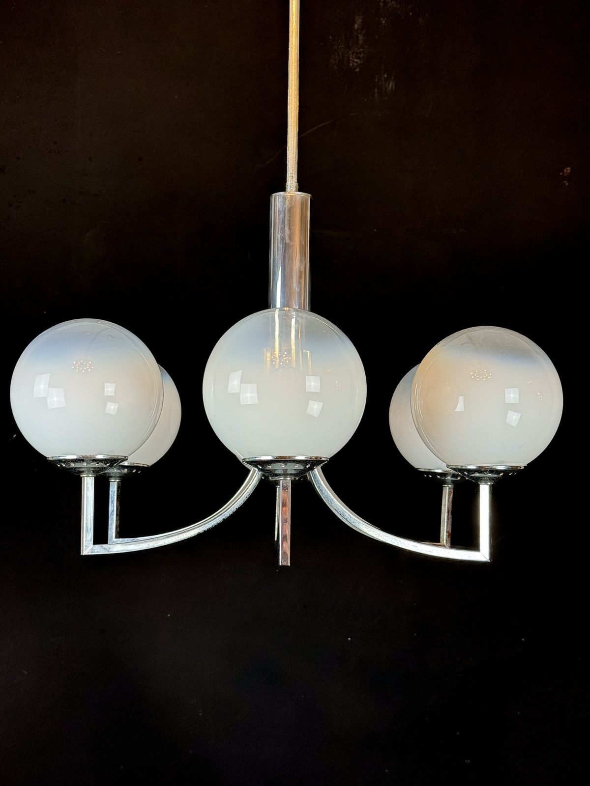 Six Arms Chandelier In Murano Glass Spheres And Chrome. Italy 1960s photo furniture