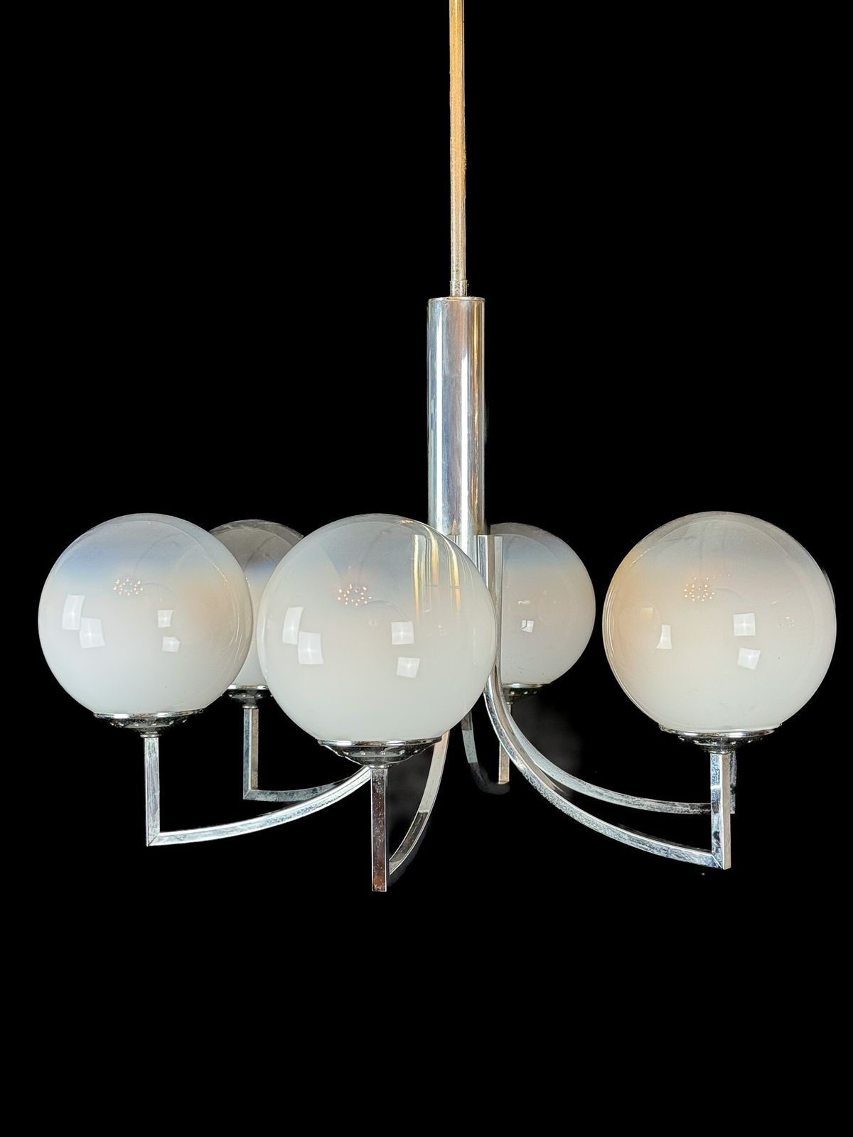 photo vinterior Six Arms Chandelier In Murano Glass Spheres And Chrome. Italy 1960s