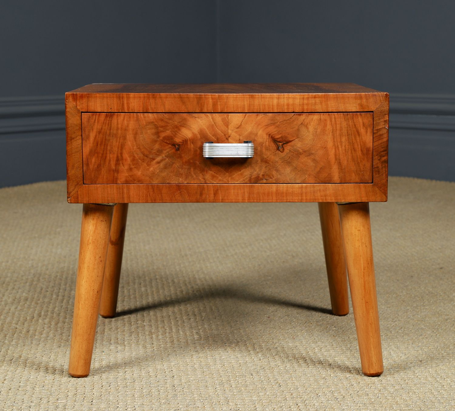 Furniture Small English Art Deco Figured Walnut Bedside / Side / Lamp Table With Drawer (Circa 1930) photo