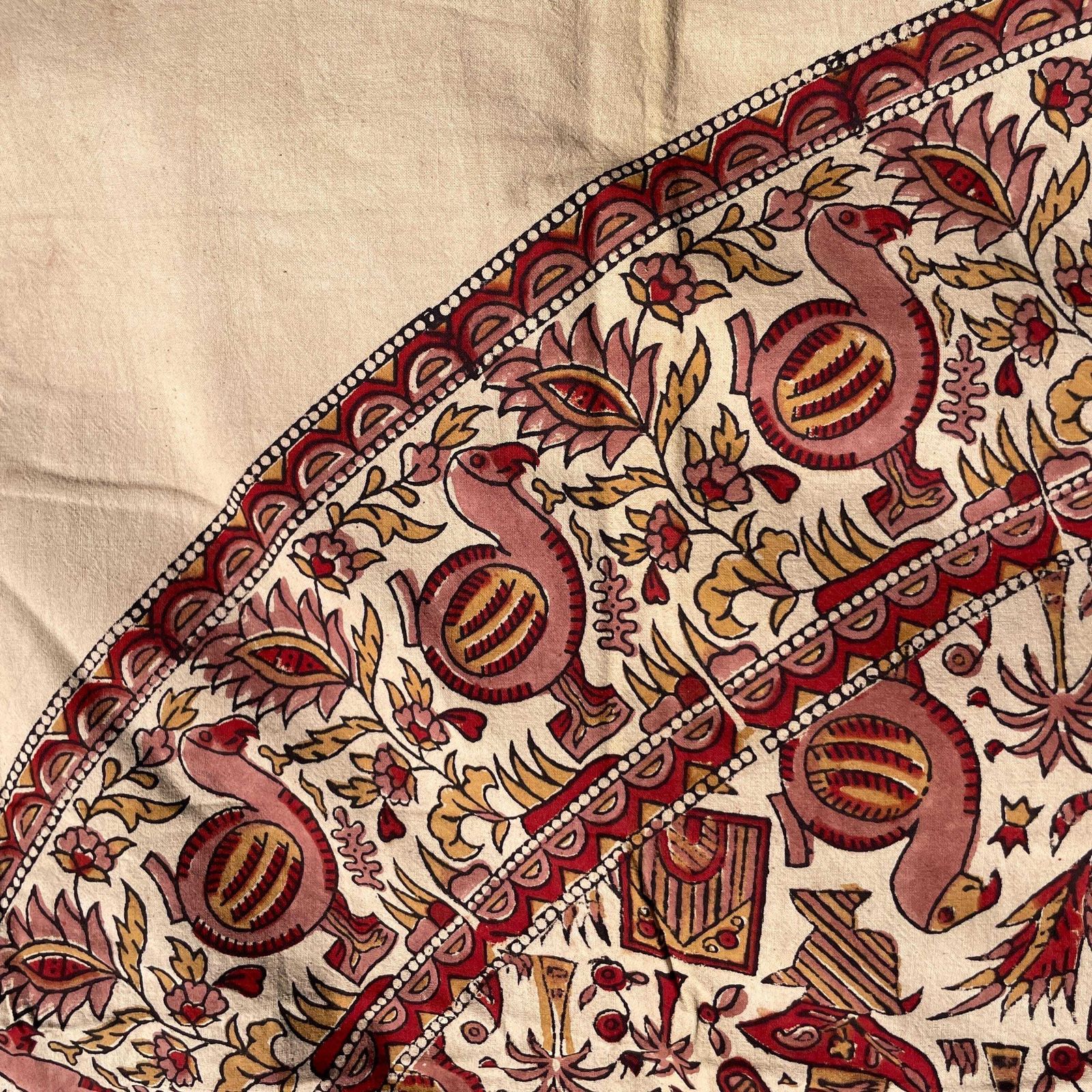 photo for sale Hand Printed Indian Fabric 171x162cm Dodo Bird Pattern Block Pink Red Tapestry Cotton Handmade Craft Round Making Traditional Cloth India