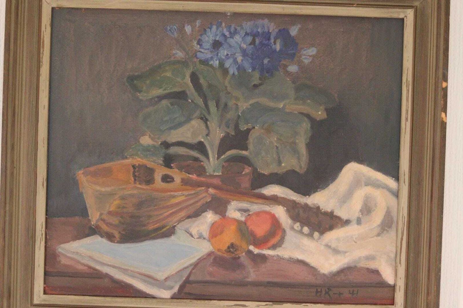 Original Mid Century Swedish Oil On Panel – Still Life With Instrument By H.K., 1941 – Vintage & Framed | 56 × 48 Cm (Approx. 22 × 18.9 In) photo for sale