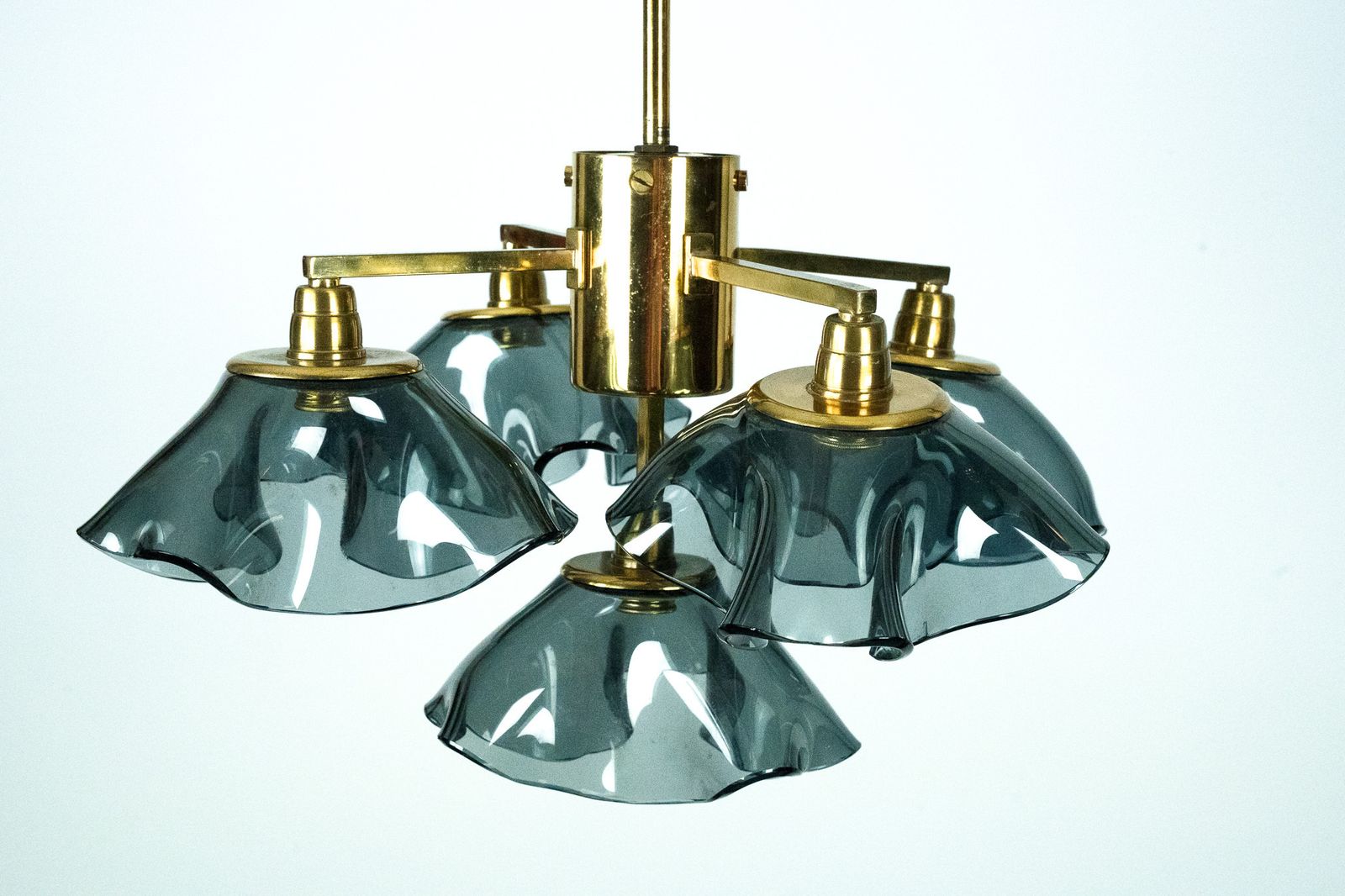 photo buy Italian Five Arm Chandelier In Smoked Vistosi Glass And Brass, 1970s
