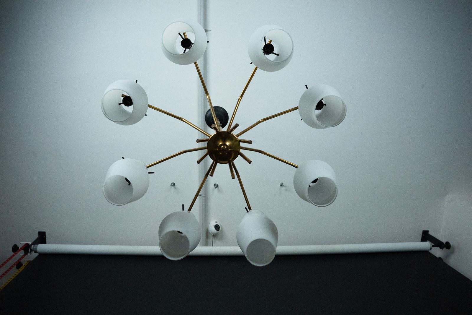 Mid Century Chandelier With Eight Opaline Glass Shades In Stilnovo Manner. Italy 1950s photo Lighting