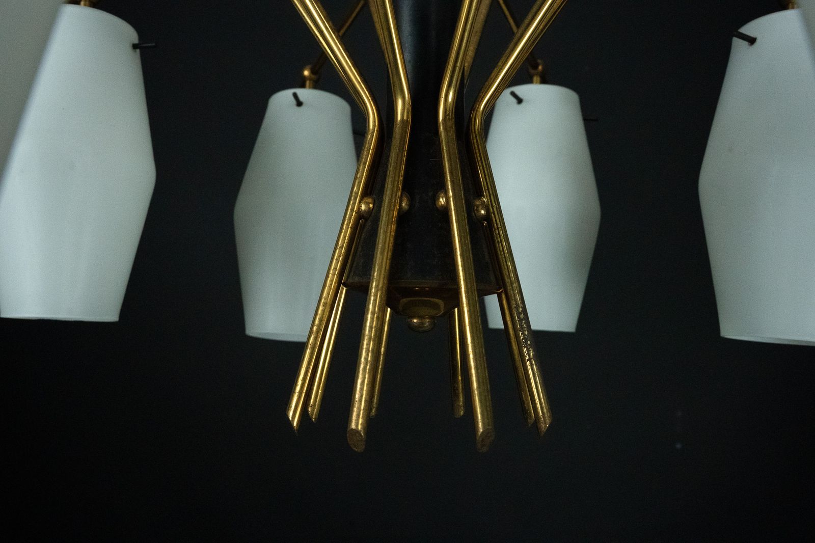 Mid Century Chandelier With Eight Opaline Glass Shades In Stilnovo Manner. Italy 1950s photo buy