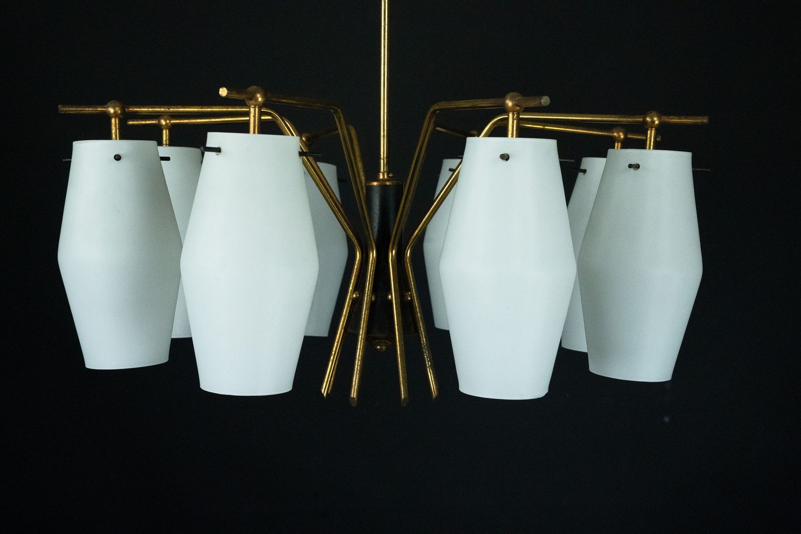 Mid Century Chandelier With Eight Opaline Glass Shades In Stilnovo Manner. Italy 1950s