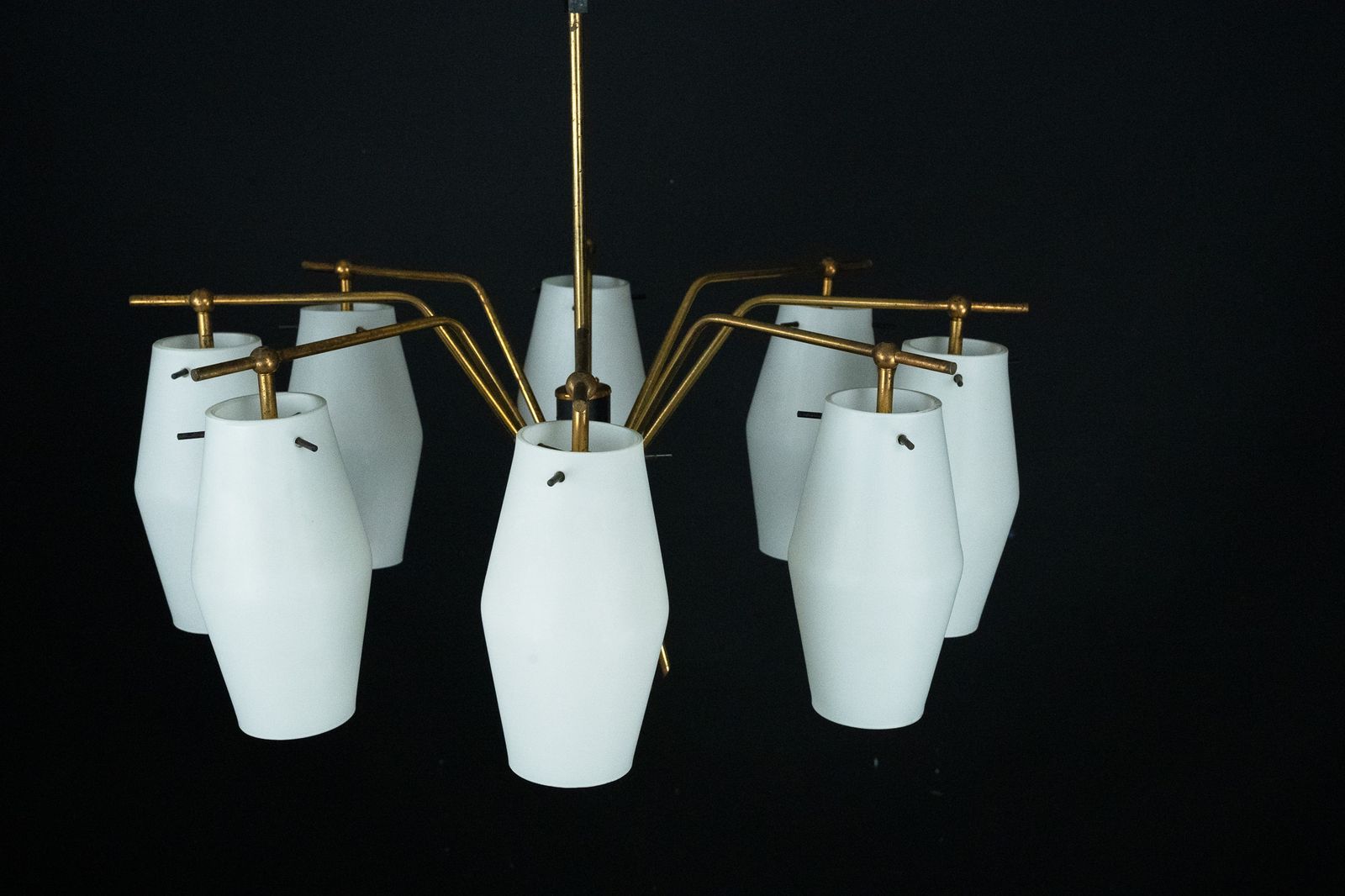 Lighting Mid Century Chandelier With Eight Opaline Glass Shades In Stilnovo Manner. Italy 1950s photo