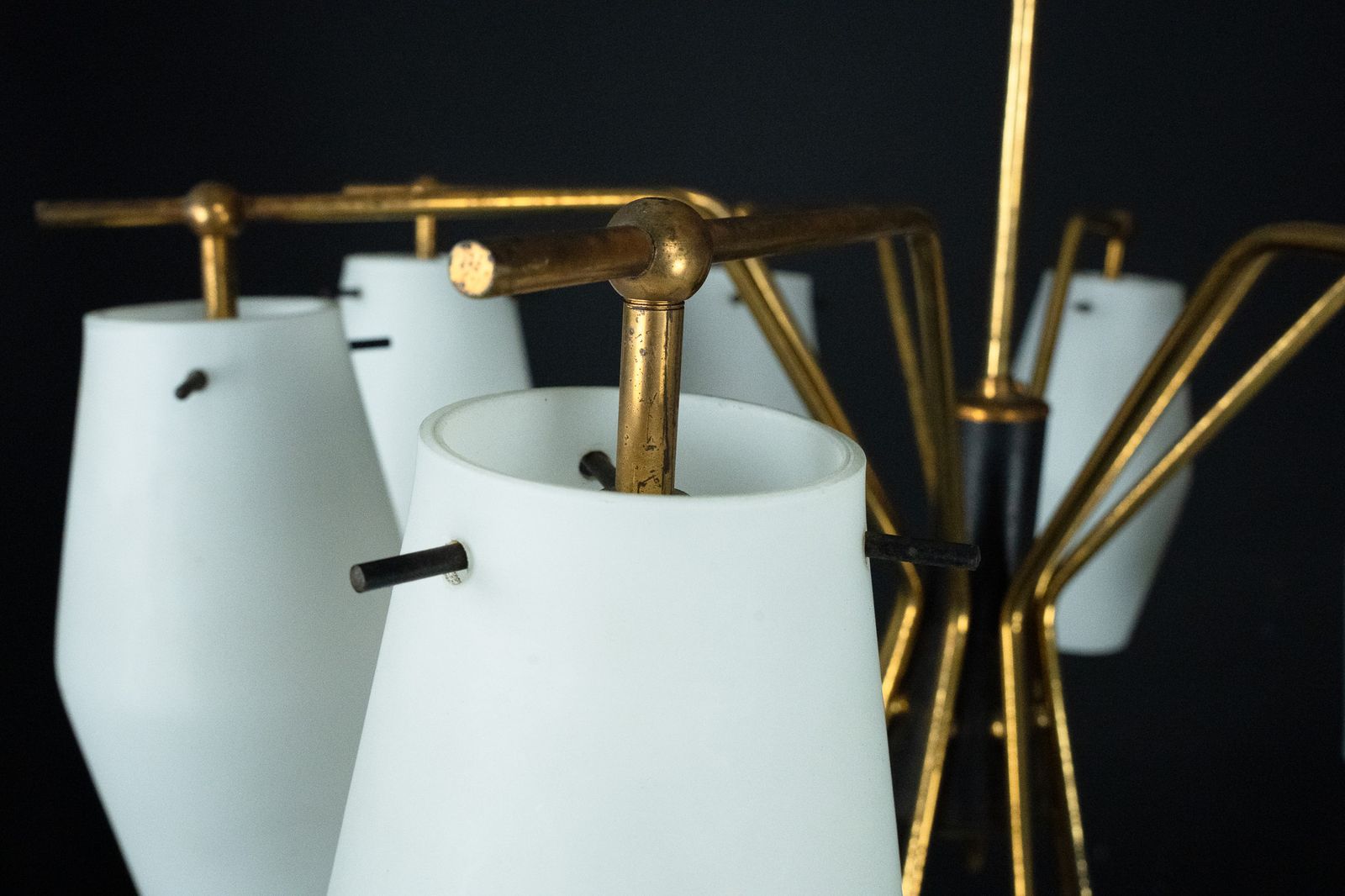 photo buy Mid Century Chandelier With Eight Opaline Glass Shades In Stilnovo Manner. Italy 1950s