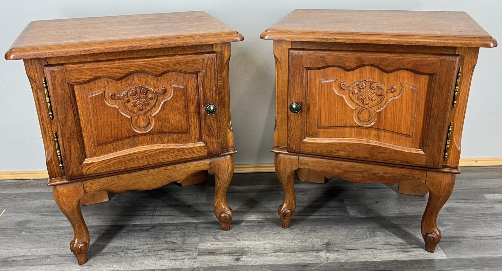 Pair Of  Bedside Tables Vintage French Louis Oak Nightstands Cabinets Lot 4300 photo furniture
