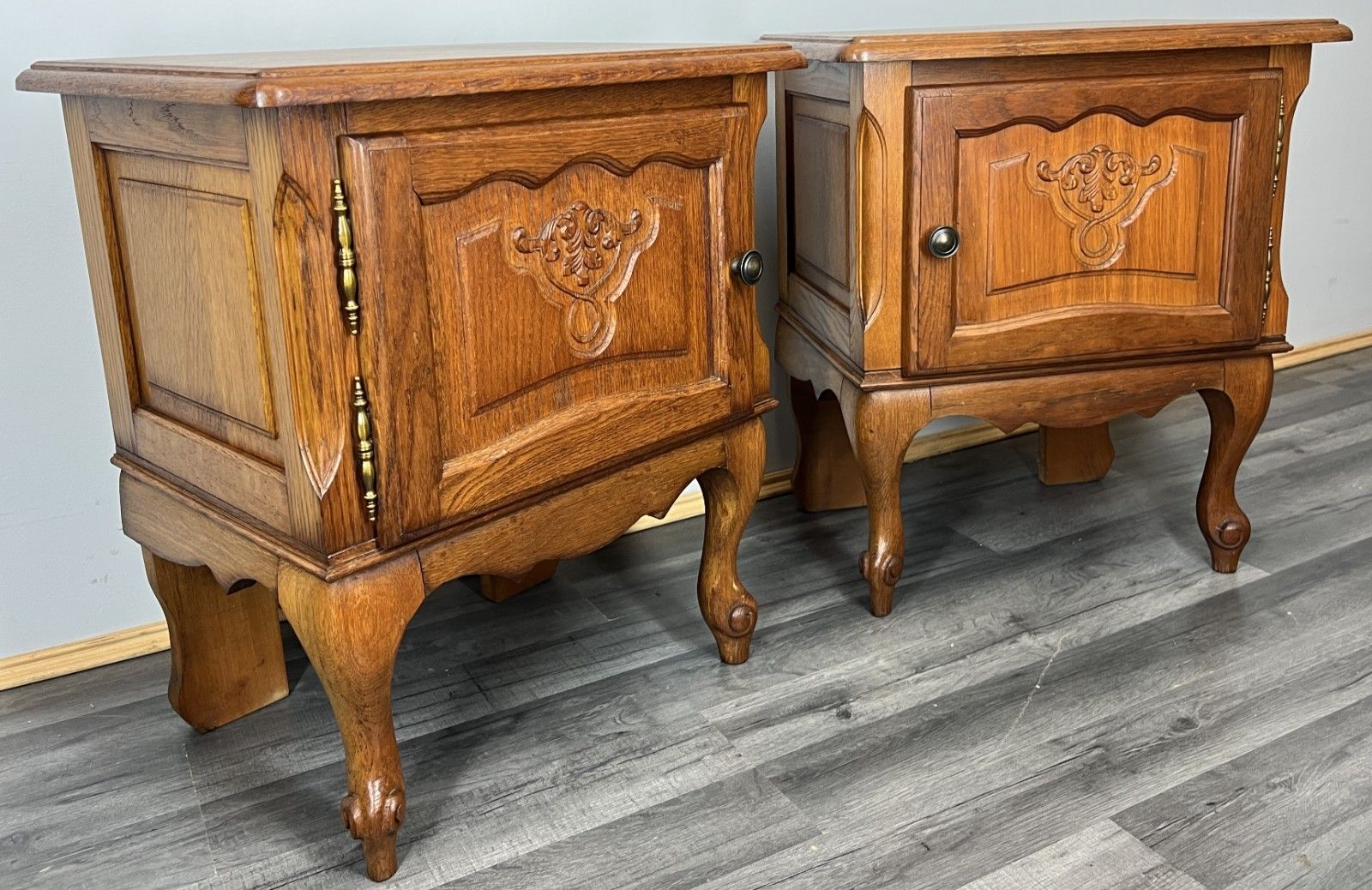 Pair Of  Bedside Tables Vintage French Louis Oak Nightstands Cabinets Lot 4300 photo for sale