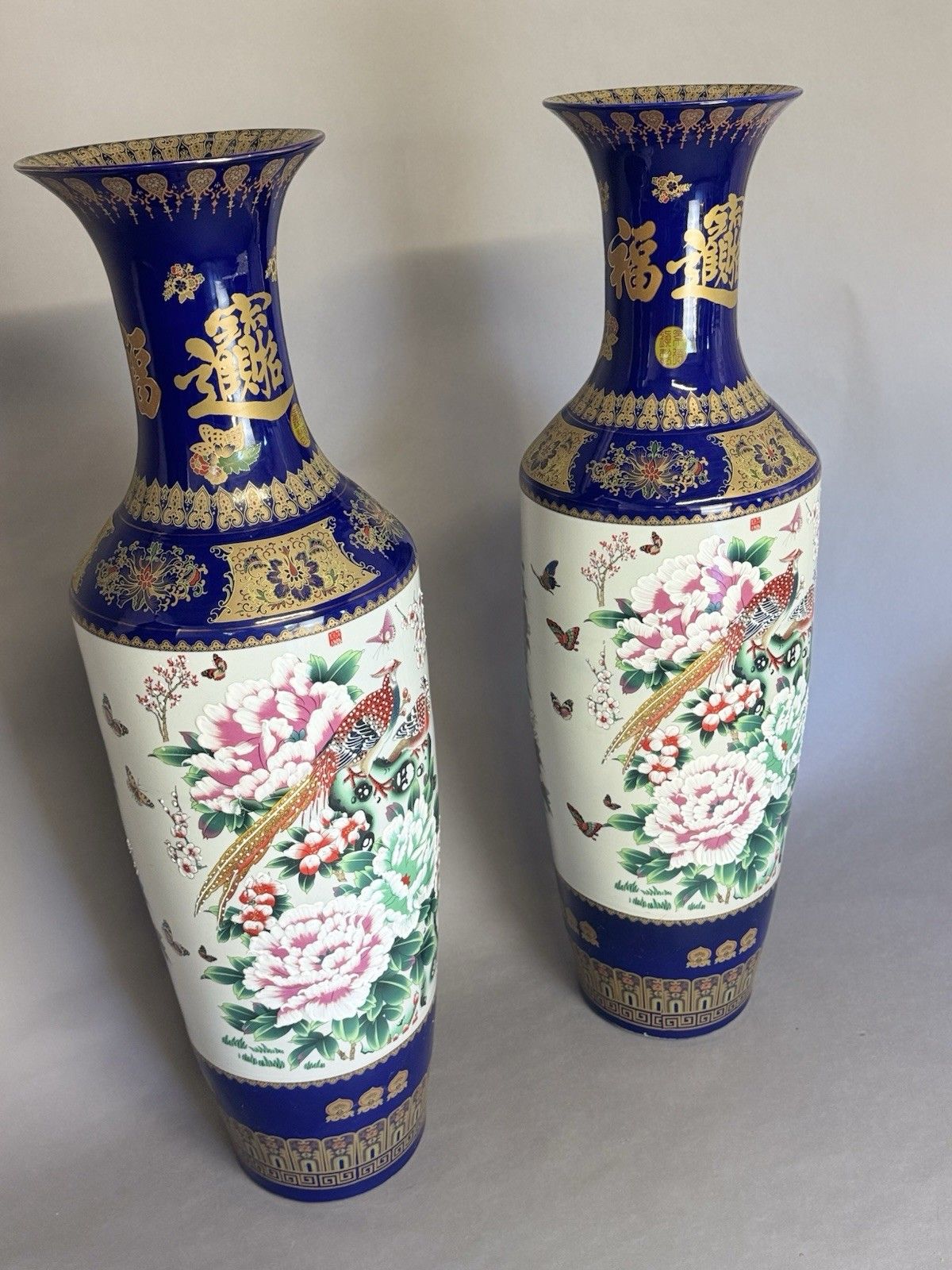 Majestic Pair Of Large Chinese Cobalt Blue & Gold Porcelain Floor Vases photo vinterior