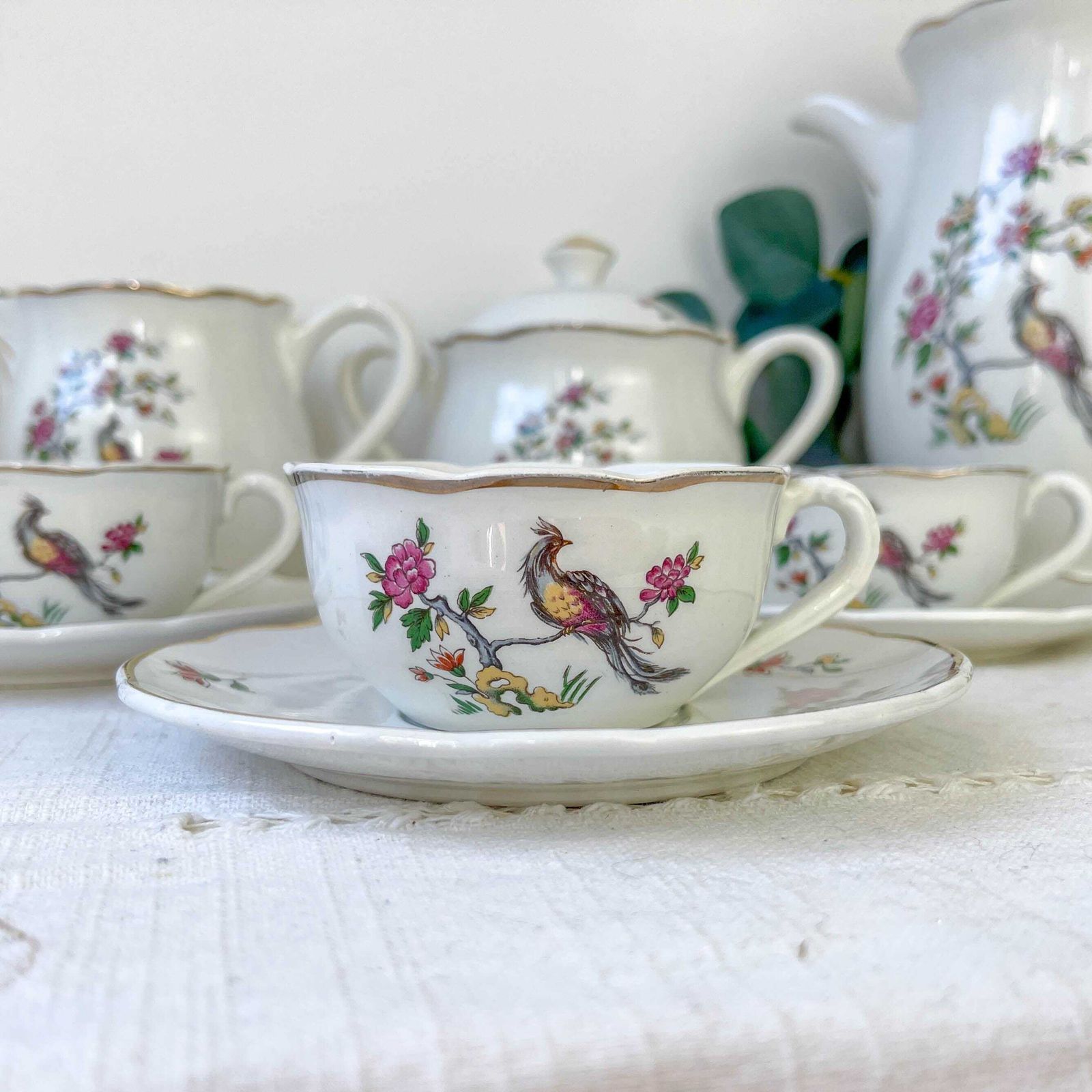 Vintage Digoin Sarreguemines Tea Set – Rope Model – Bird Of Paradise Motif – Antique Retro Earthenware Tableware photo Home Decor