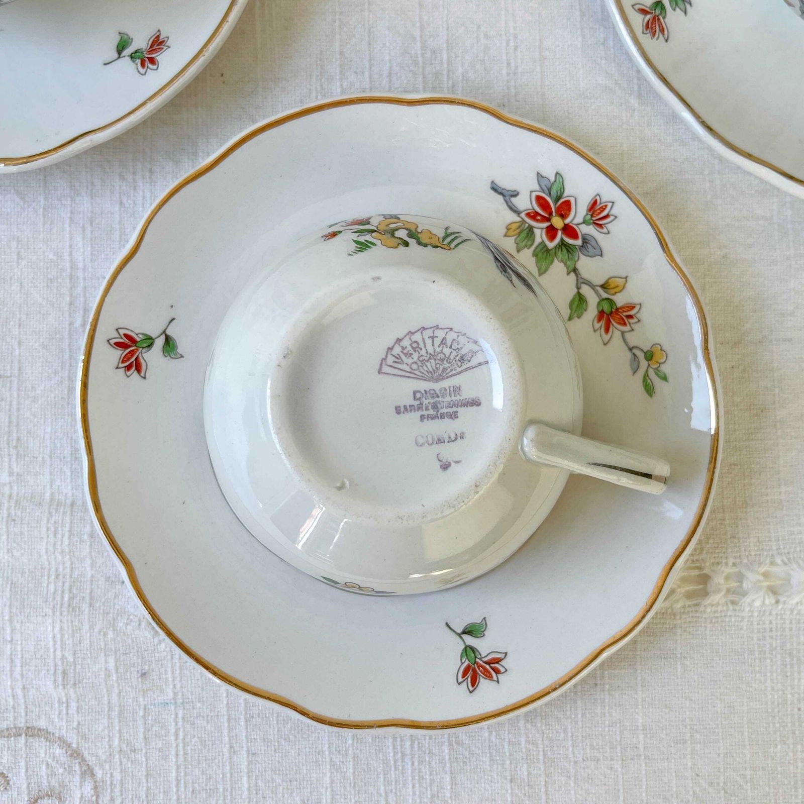 Vintage Digoin Sarreguemines Tea Set – Rope Model – Bird Of Paradise Motif – Antique Retro Earthenware Tableware photo vinterior