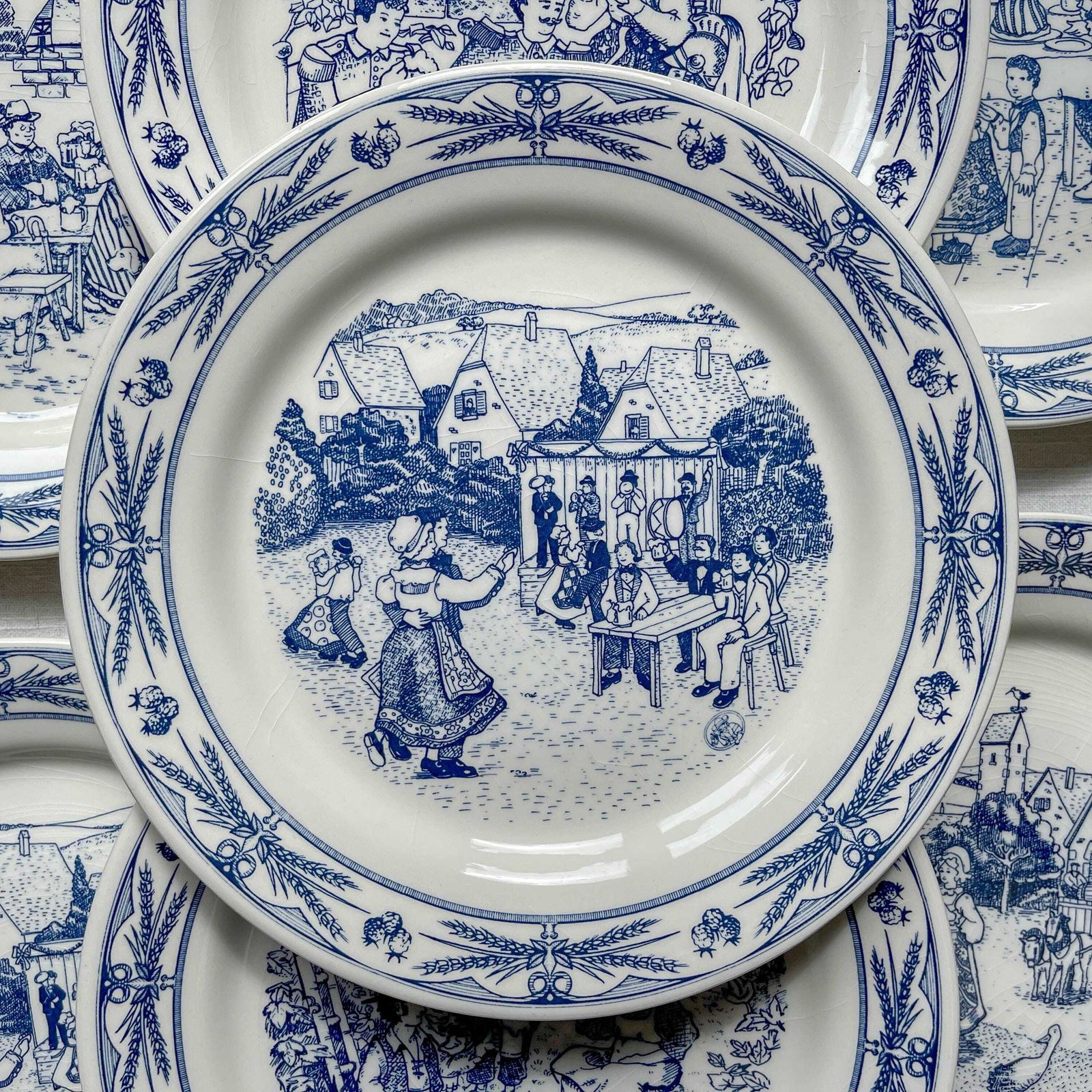 Set Of 7 Antique Gien Earthenware Dinner Plates   Ball Scene   Alsatian Village Festival   Decoration photo furniture